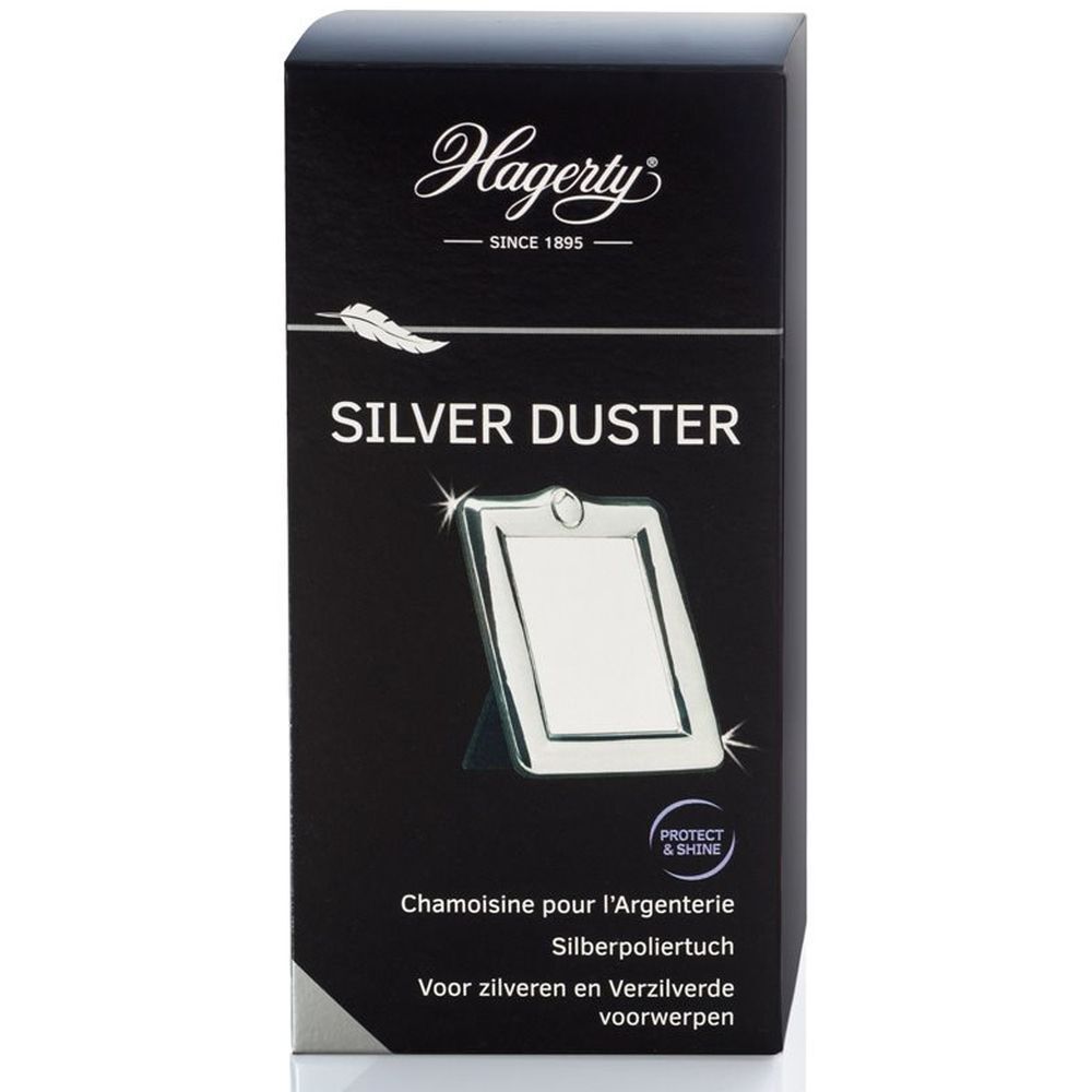 Boîte noire "Hagerty Silver Duster". Objet argenté représenté. Texte: "Chamoisine pour l'argenterie".