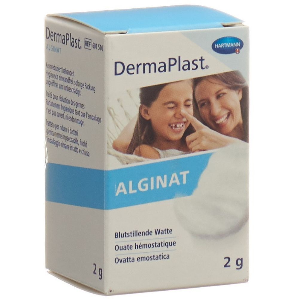 Boîte en carton DermaPlast Alginat. Inscription: Alginat, ouate hémostatique, 2g. Image: Femme et enfant.