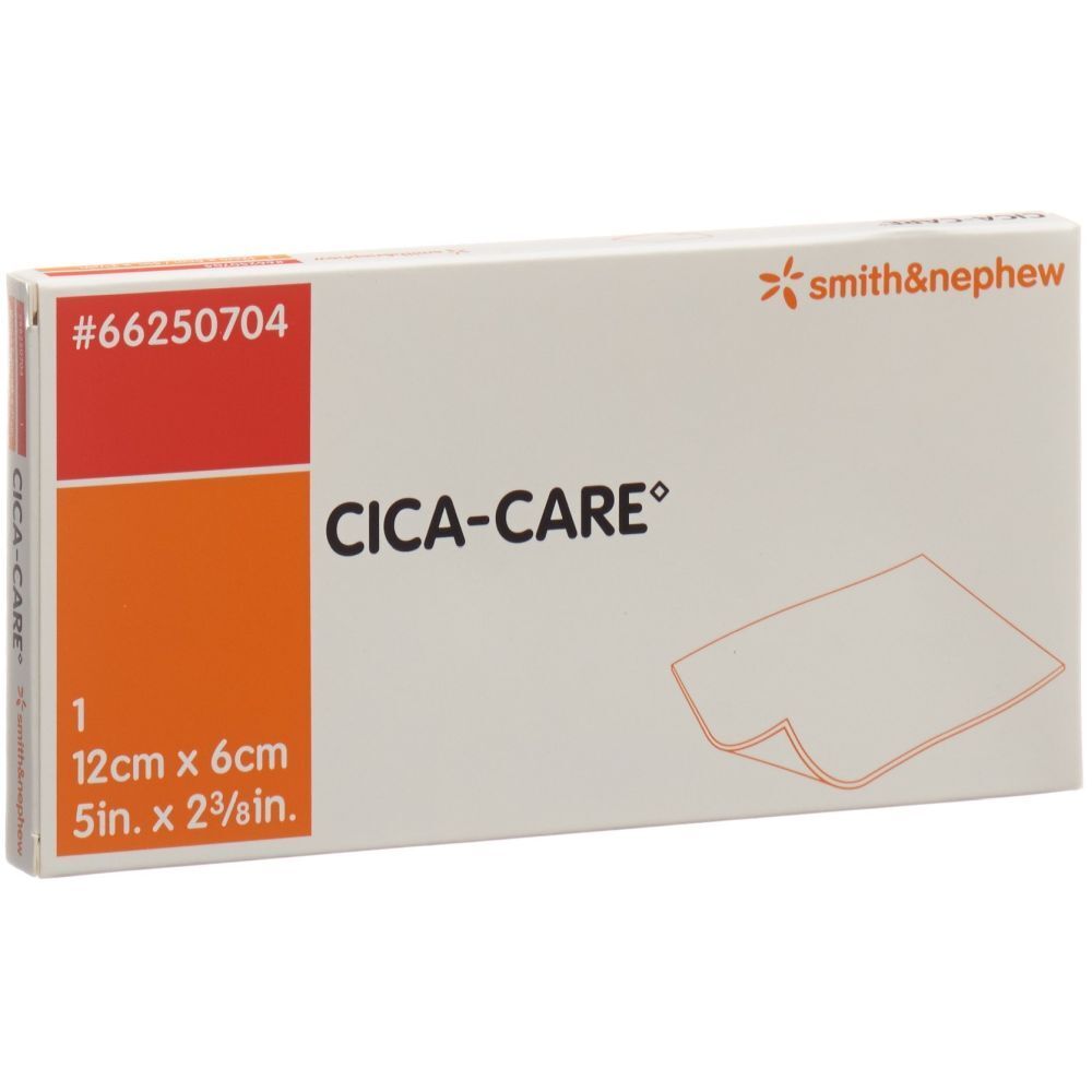 Emballage de pansement en gel de silicone CICA-CARE. Blanc, avec un champ orange et le nom du produit. Logo Smith & Nephew.