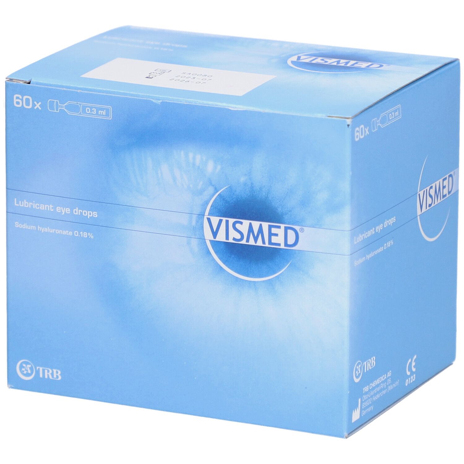 Boîte pliante bleu clair avec logo VISMED et image d'œil. Contient 60 doses uniques. Inscription : Lubricant eye drops.