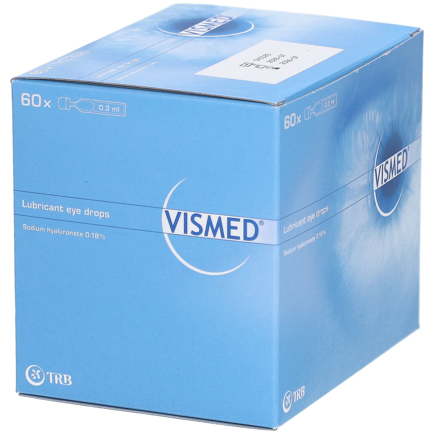 Boîte pliante bleu clair avec logo VISMED. Contient 60 doses uniques. Inscription : Lubricant eye drops, hyaluronate de sodium 0,18%.