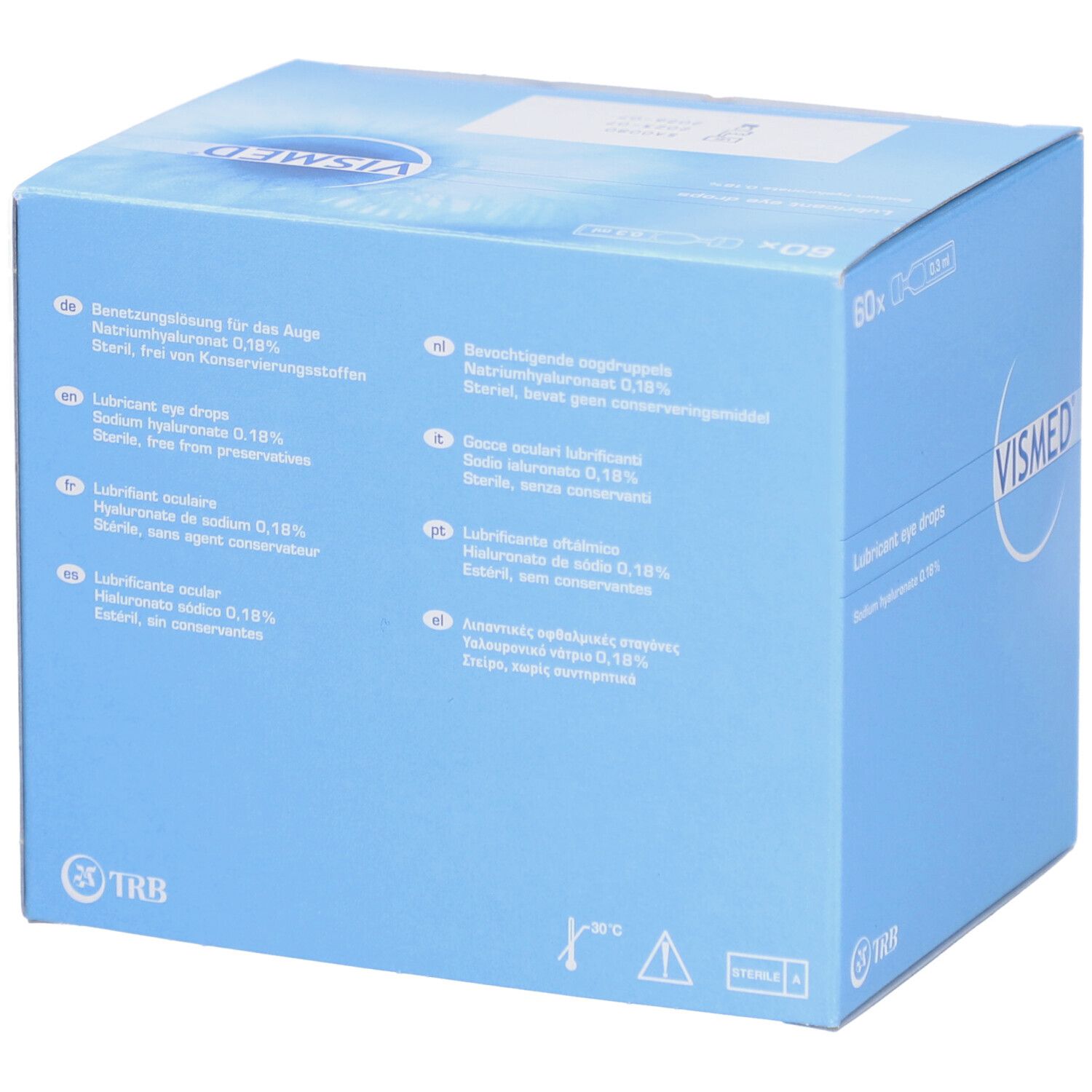 Dos d'une boîte pliante bleu clair. Informations produit multilingues. Logo VISMED et TRB. Contient 60 doses uniques.
