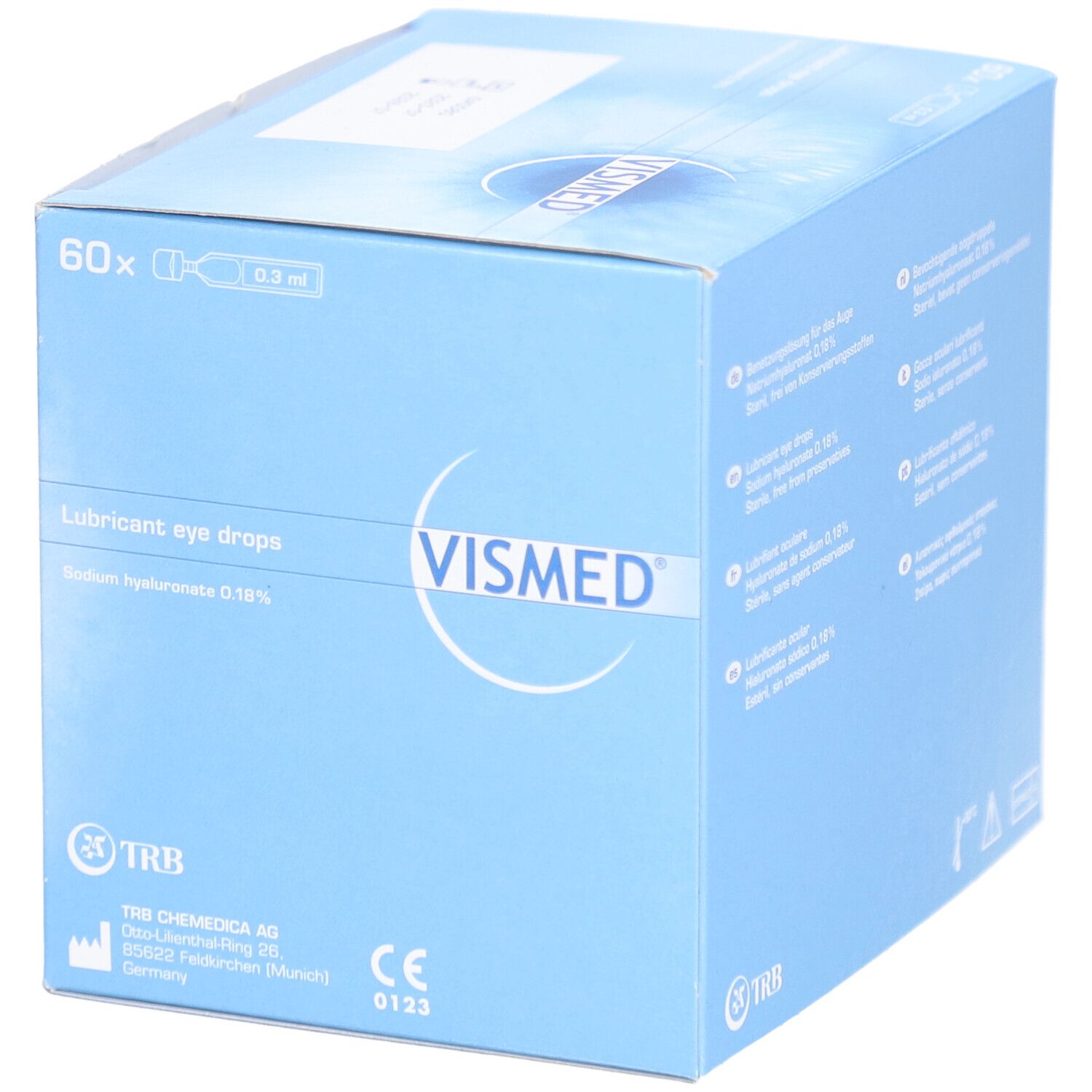 Boîte pliante bleu clair avec logo VISMED. Contient 60 doses uniques. Inscription : Lubricant eye drops, hyaluronate de sodium 0,18%.