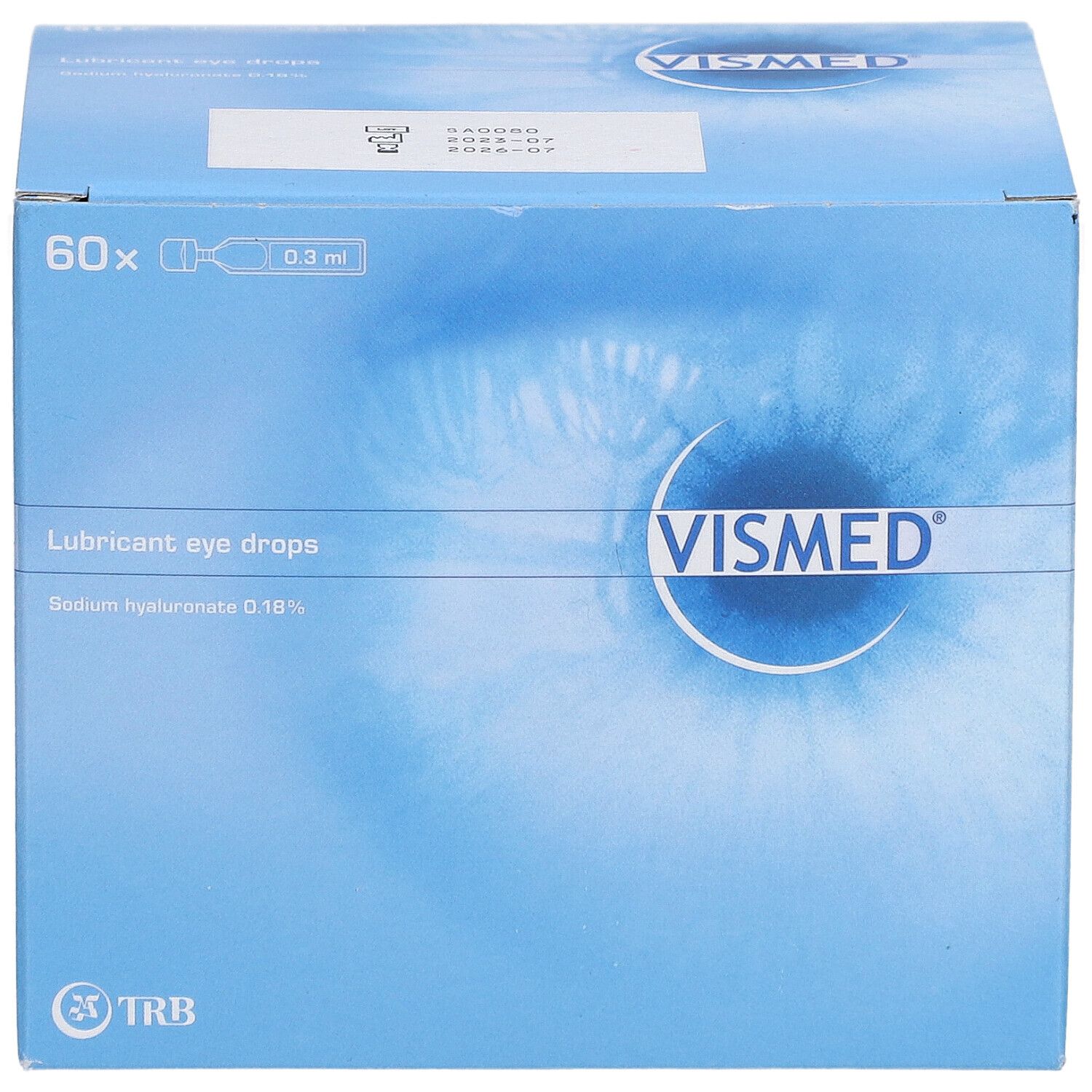 Boîte pliante bleu clair avec logo VISMED et image d'œil. Contient 60 doses uniques. Inscription : Lubricant eye drops.