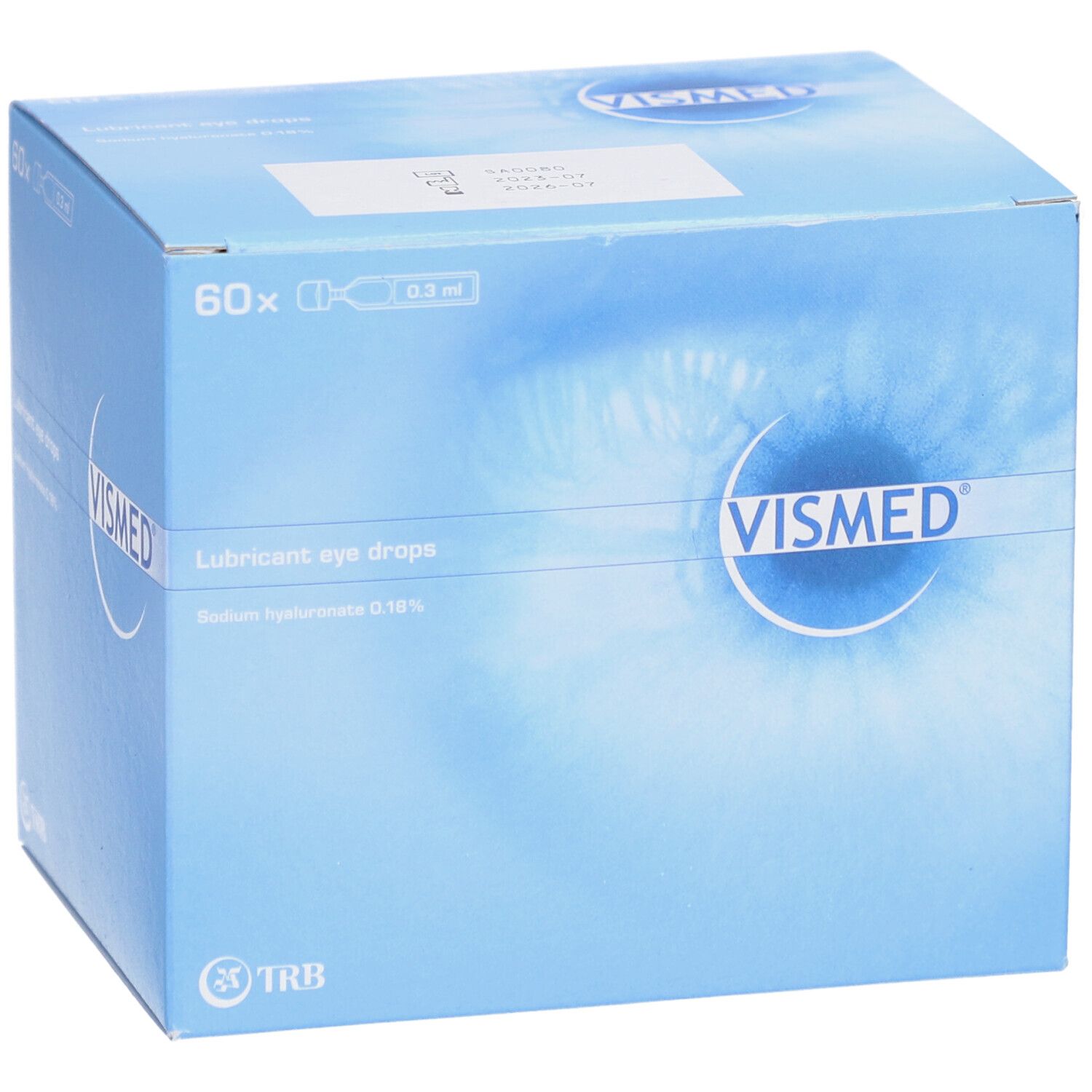 Boîte pliante bleu clair avec logo VISMED et image d'œil. Contient 60 doses uniques. Inscription : Lubricant eye drops.
