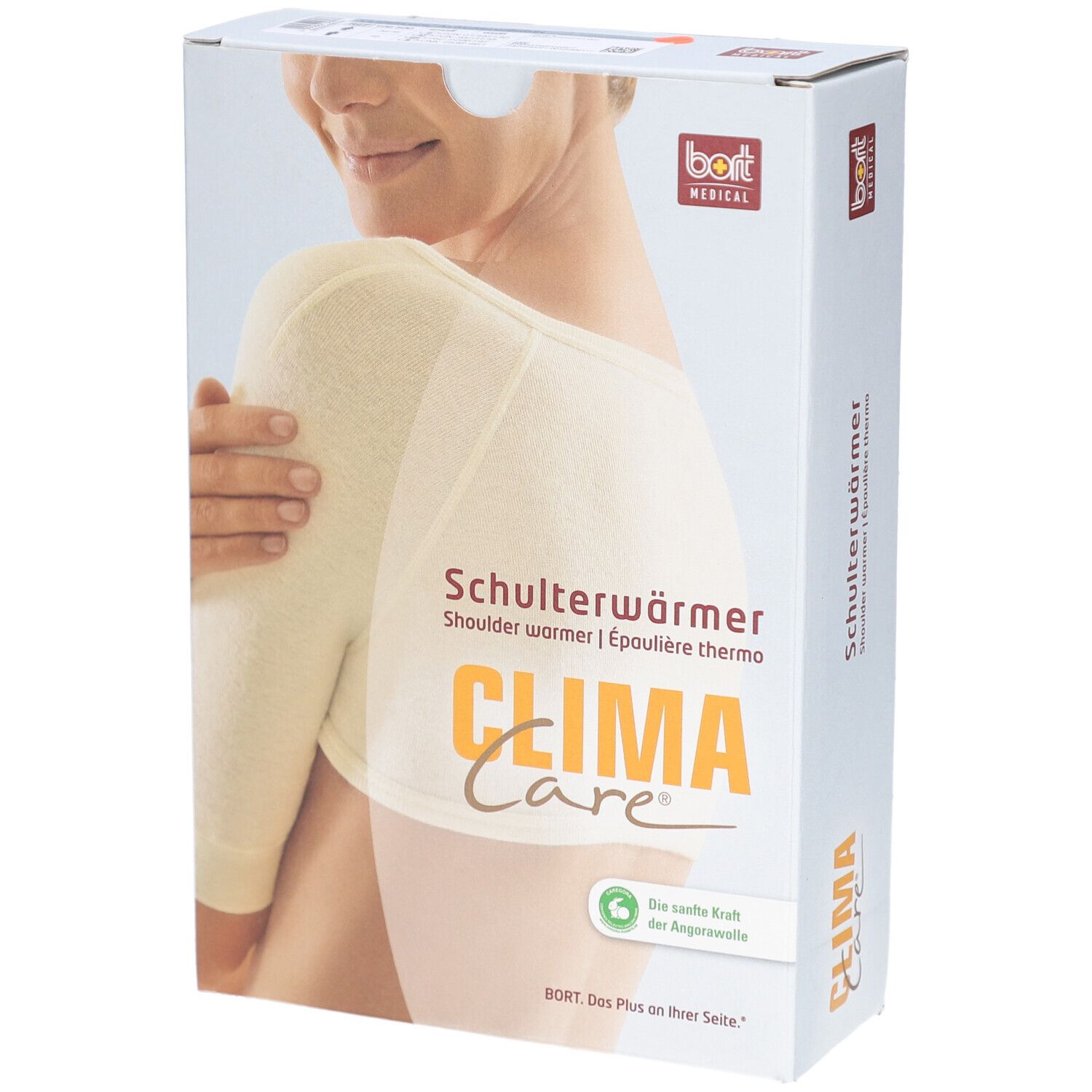 Emballage. Épaulière thermo, CLIMA Care, bort MEDICAL. Image du produit: Épaulière sur le corps. Produit blanc.