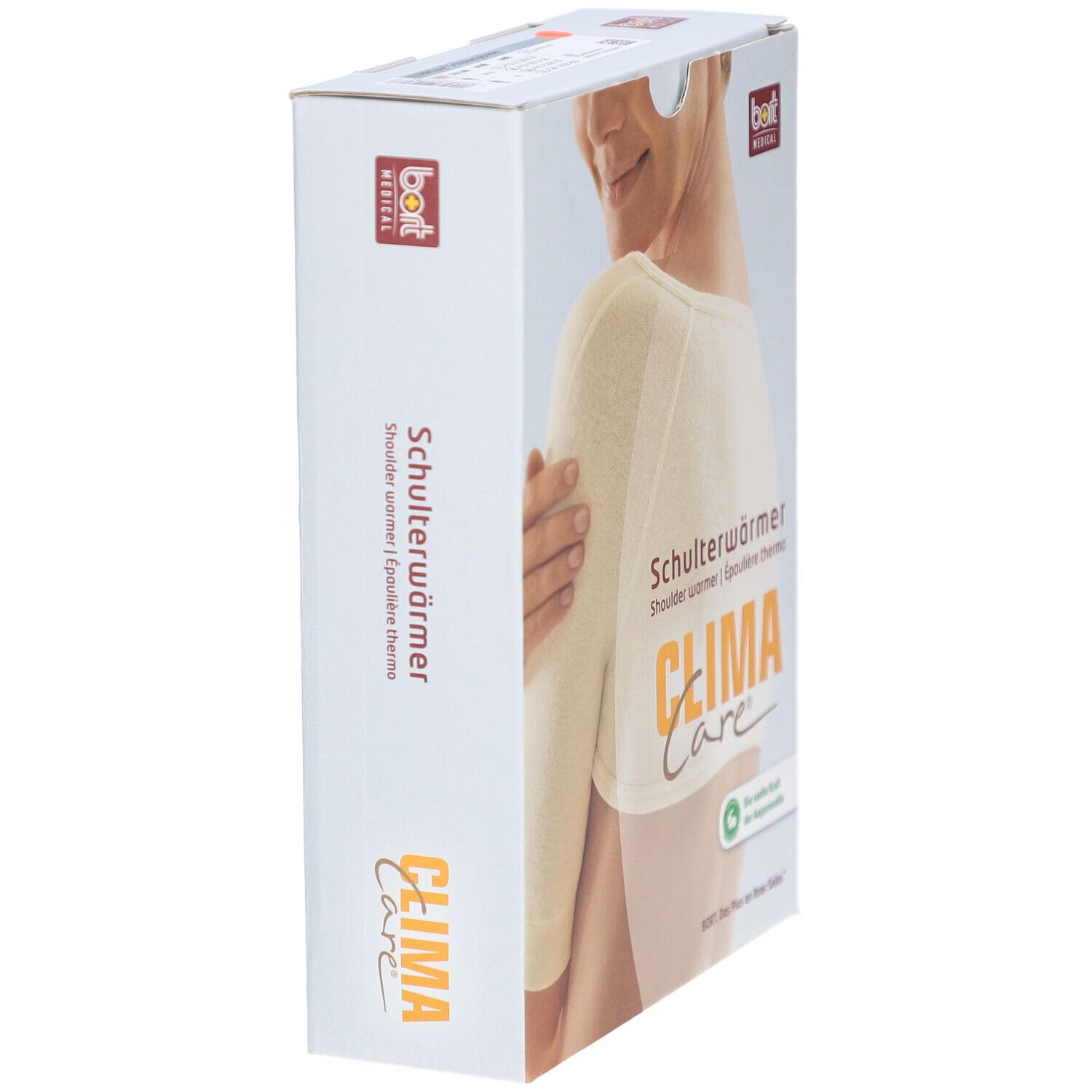 Emballage. Épaulière thermo, CLIMA Care, bort MEDICAL. Vue latérale de l'emballage. Produit blanc.