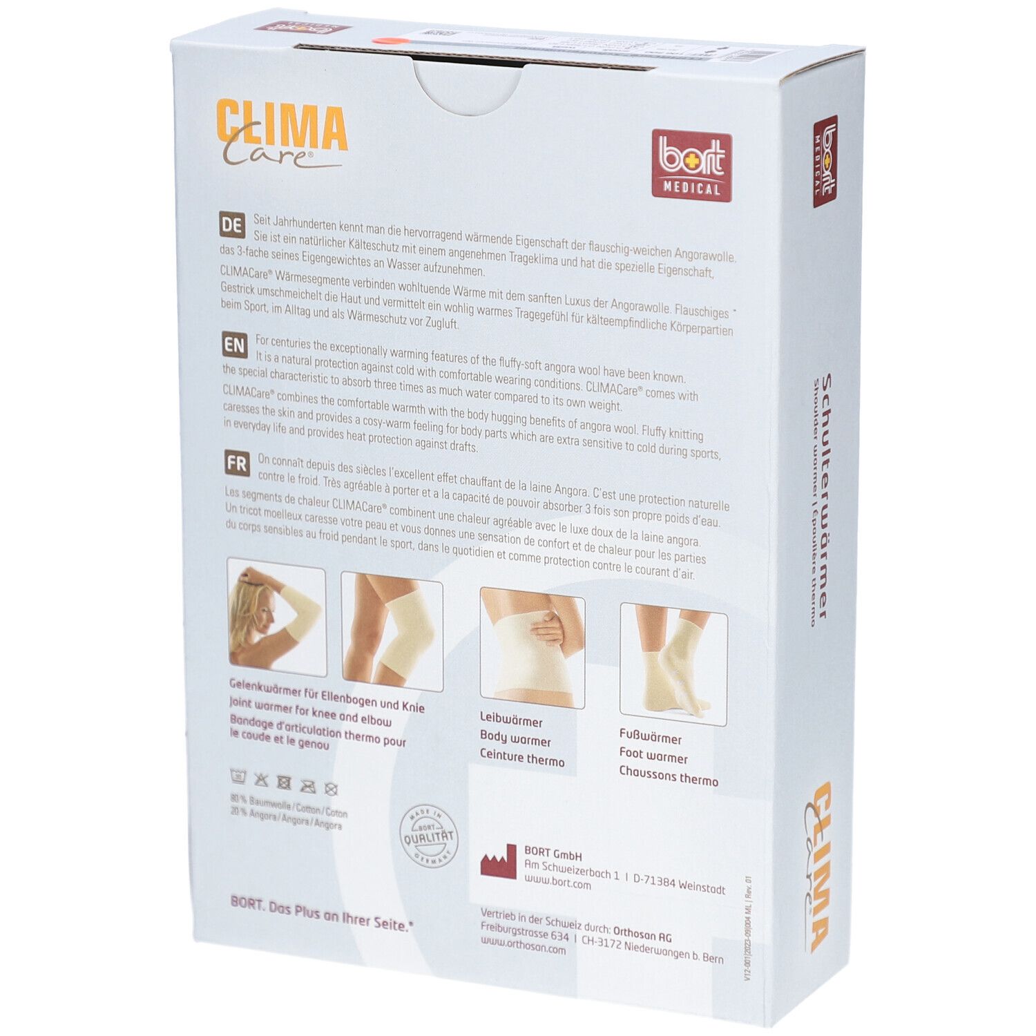 Emballage. Dos avec informations sur le produit. Images de genouillères, de chauffe-corps et de chauffe-pieds. bort MEDICAL.