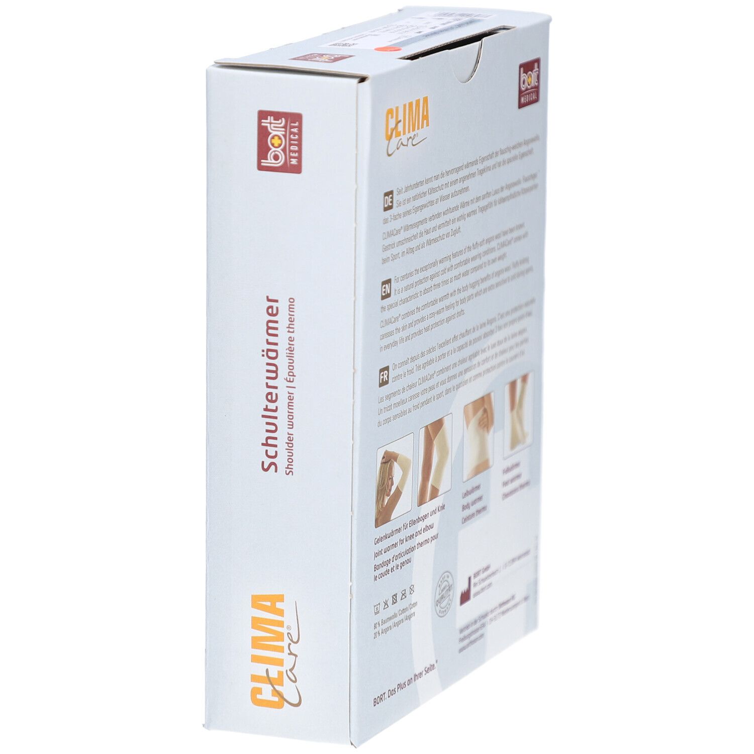 Emballage. Vue latérale avec informations sur le produit. Images de genouillères, de chauffe-corps et de chauffe-pieds. bort MEDICAL.