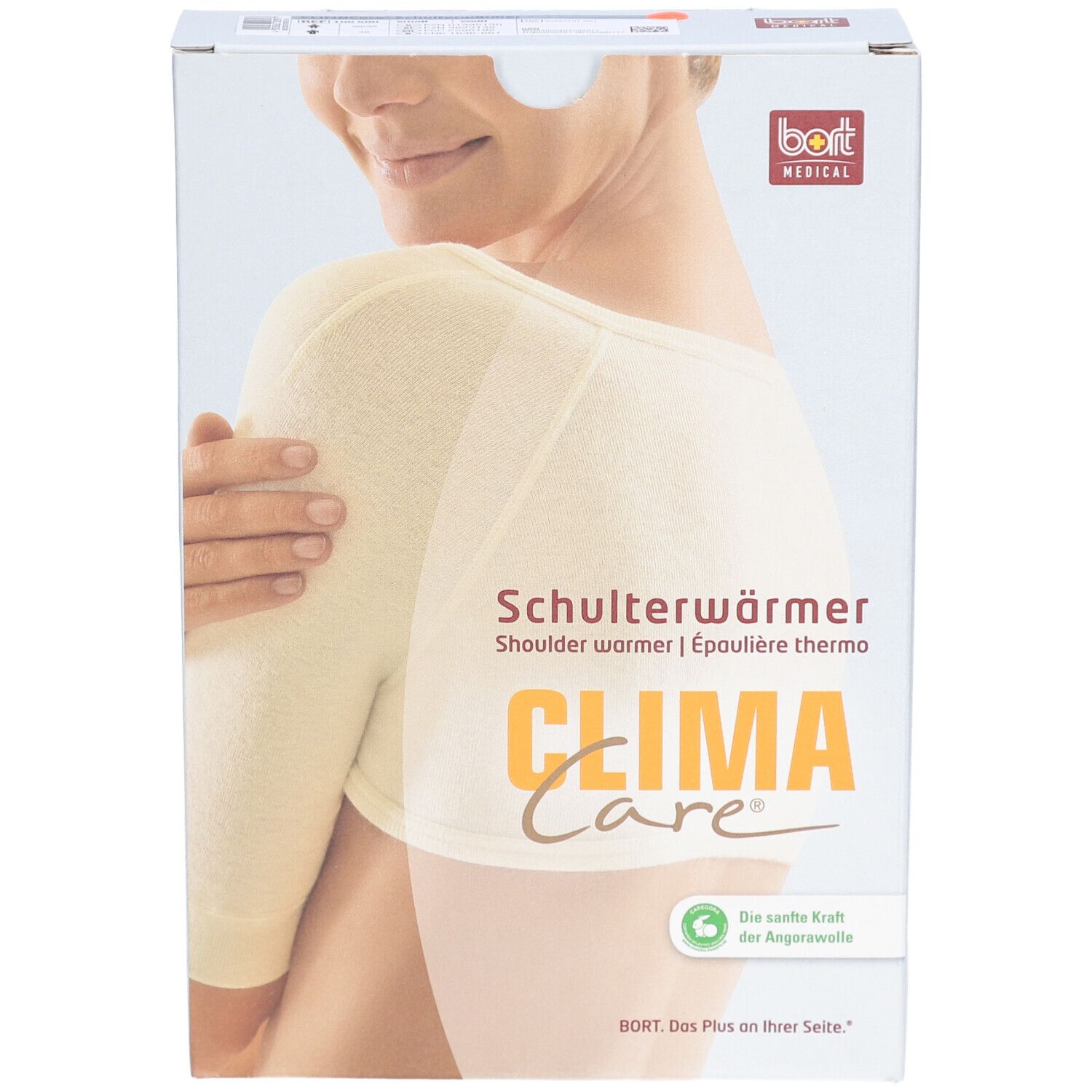 Emballage. Épaulière thermo, CLIMA Care. Image du produit: Épaulière sur le corps. Produit blanc.