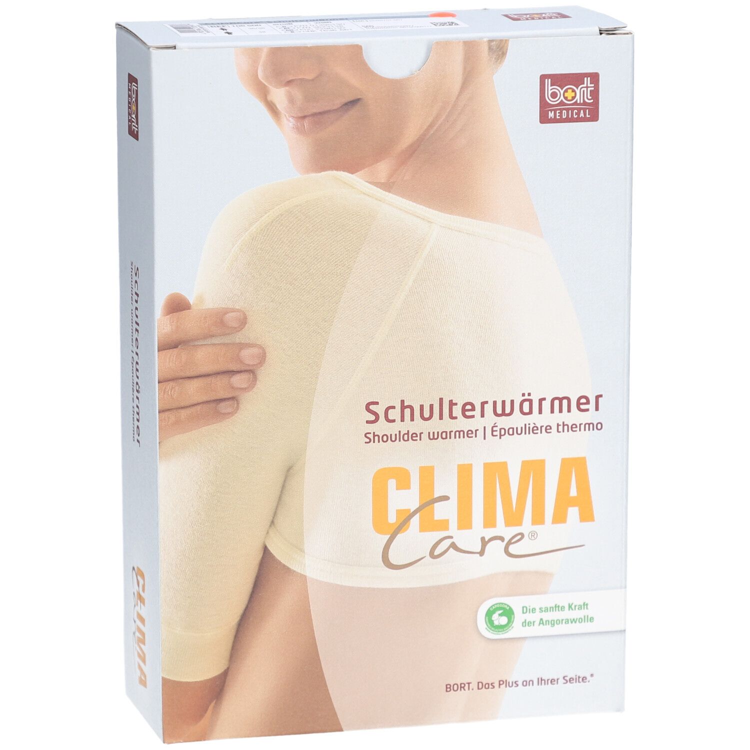 Emballage. Épaulière thermo, CLIMA Care. Image du produit: Épaulière sur le corps. Produit blanc.