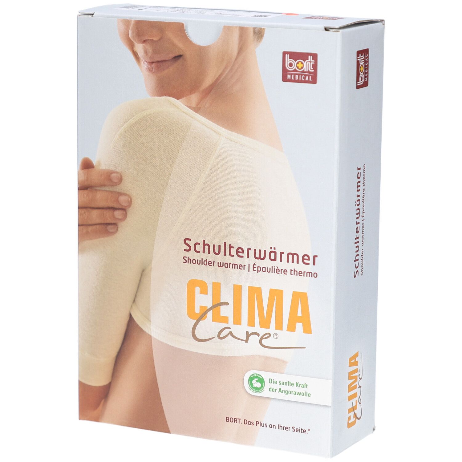 Emballage de l'épaulette thermique. Inscription : CLIMA Care, BORT MEDICAL. Image du produit : épaulette, blanc.