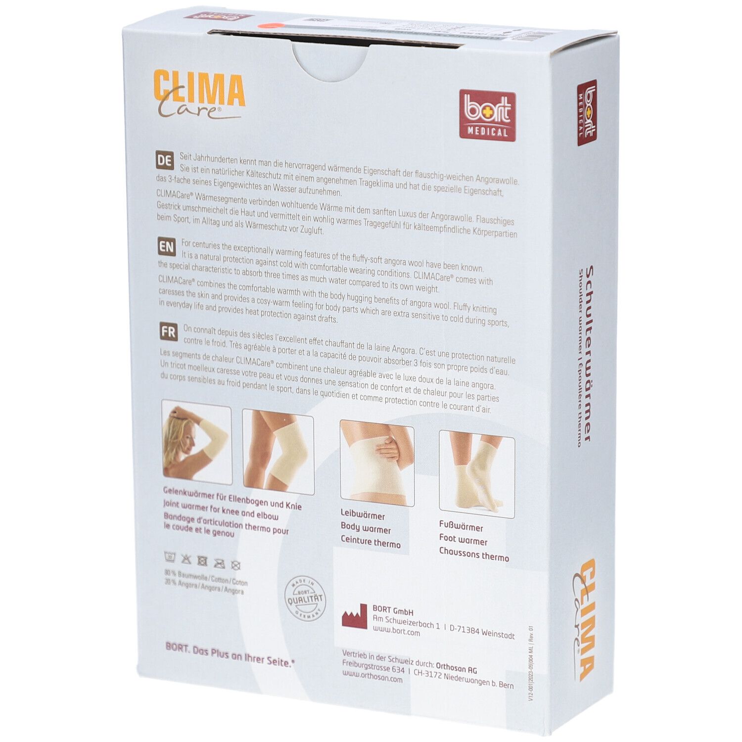 Dos de l'emballage. Inscription : CLIMA Care, BORT MEDICAL. Images du produit : genou, jambe, chauffe-pieds.