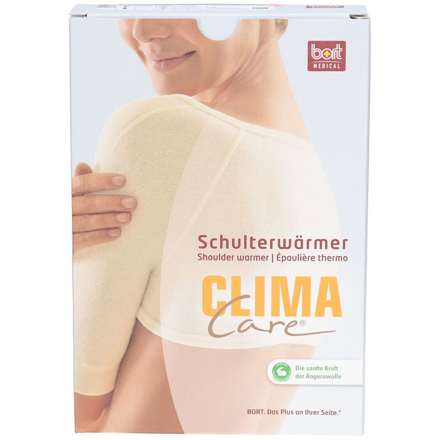 Emballage de l'épaulette thermique. Inscription : CLIMA Care, BORT MEDICAL. Image du produit : épaulette, blanc.