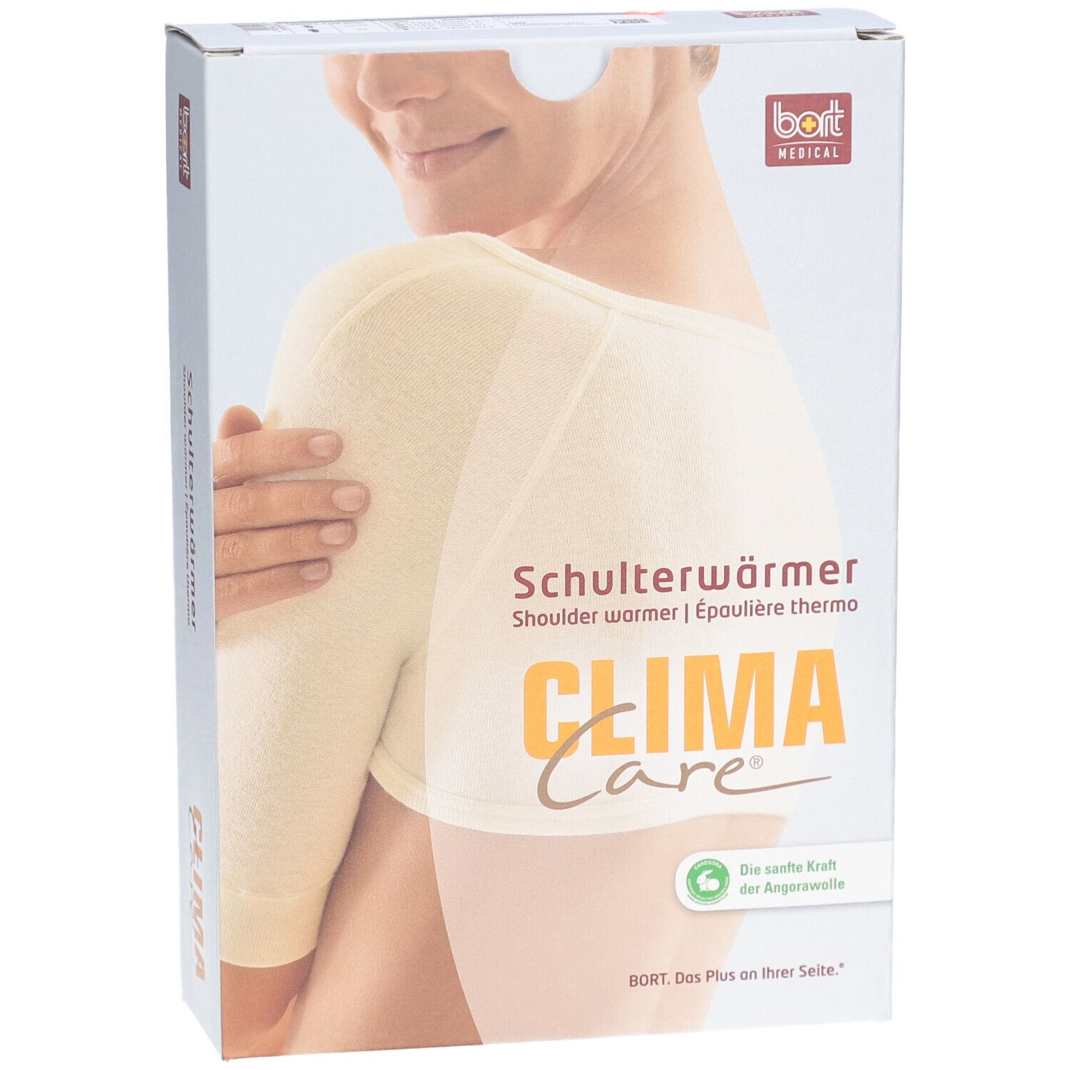 Emballage de l'épaulette thermique. Inscription : CLIMA Care, BORT MEDICAL. Image du produit : épaulette, blanc.