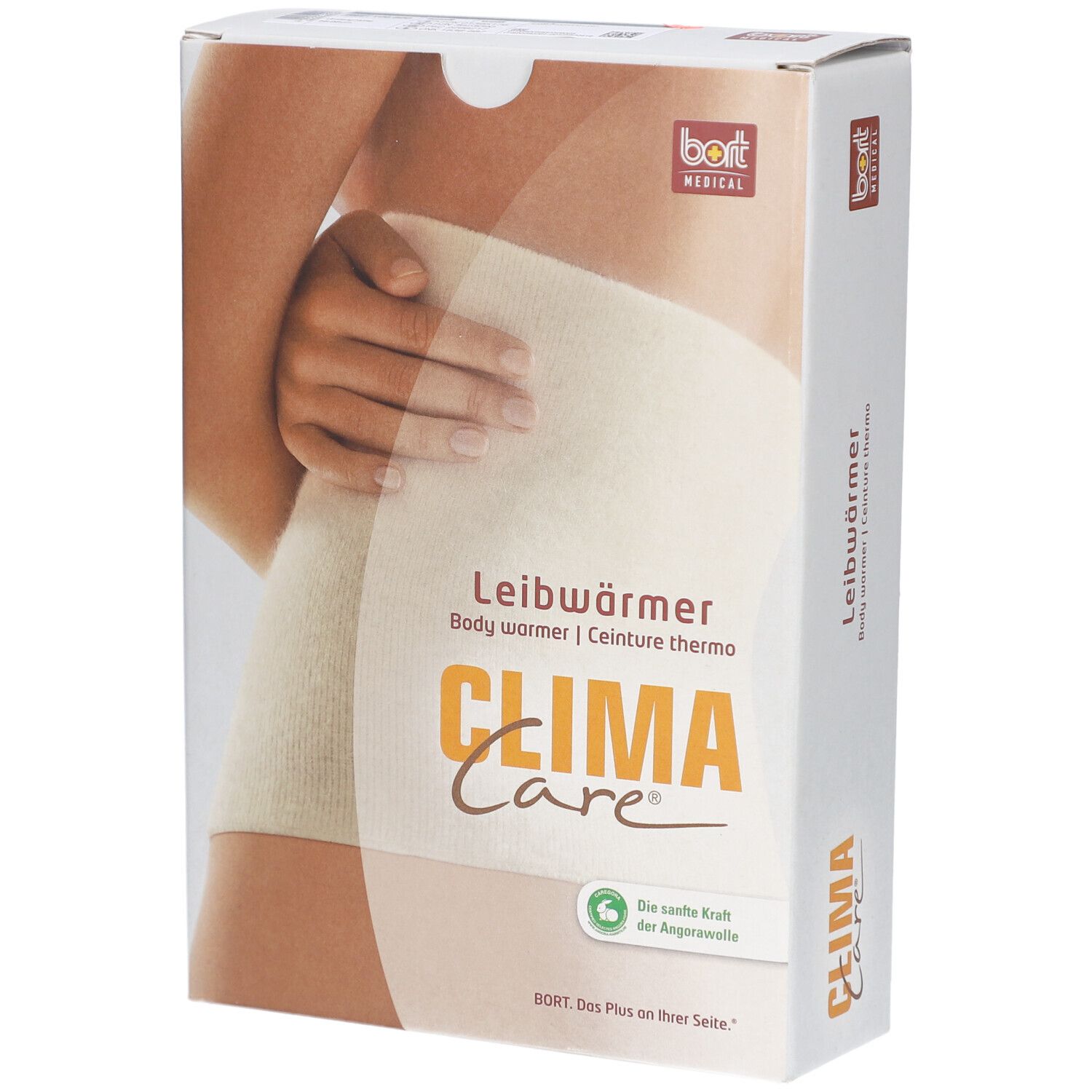 Emballage de Leibwärmer. Inscription : CLIMA Care, Leibwärmer, BORT MEDICAL. Illustration : Personne avec Leibwärmer.