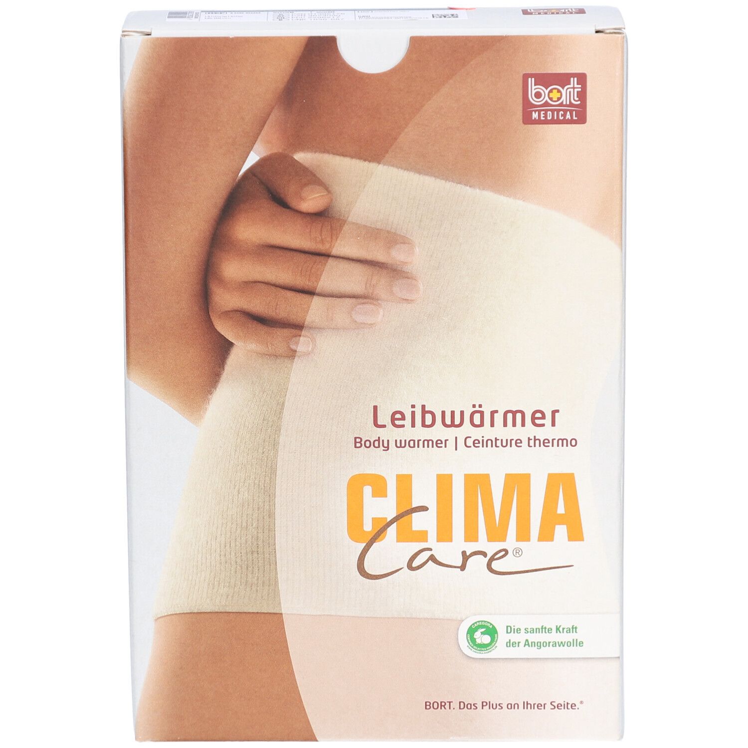 Emballage de Leibwärmer. Inscription : CLIMA Care, Leibwärmer, BORT MEDICAL. Illustration : Personne avec Leibwärmer.