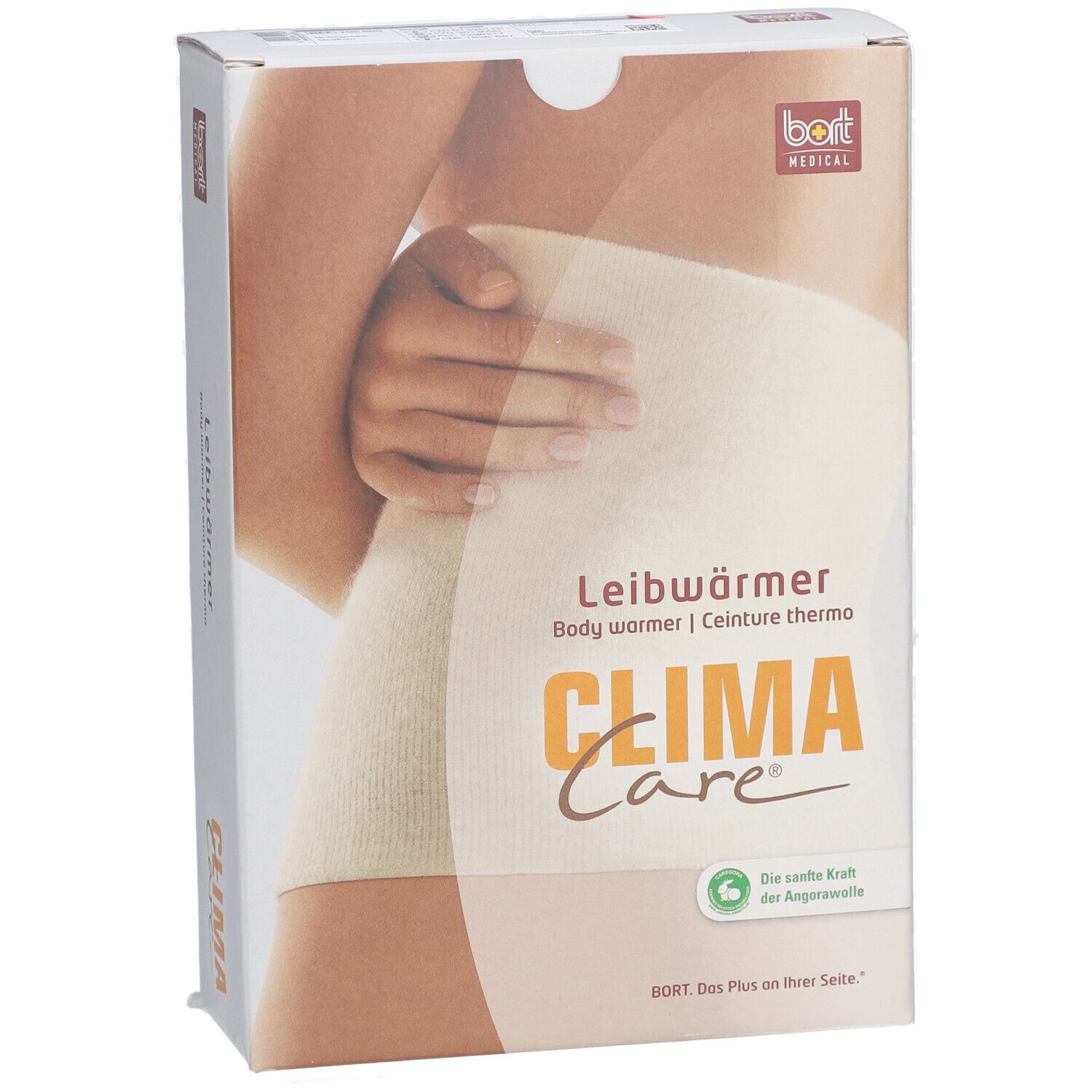 Emballage de Leibwärmer. Inscription : CLIMA Care, Leibwärmer, BORT MEDICAL. Illustration : Personne avec Leibwärmer.
