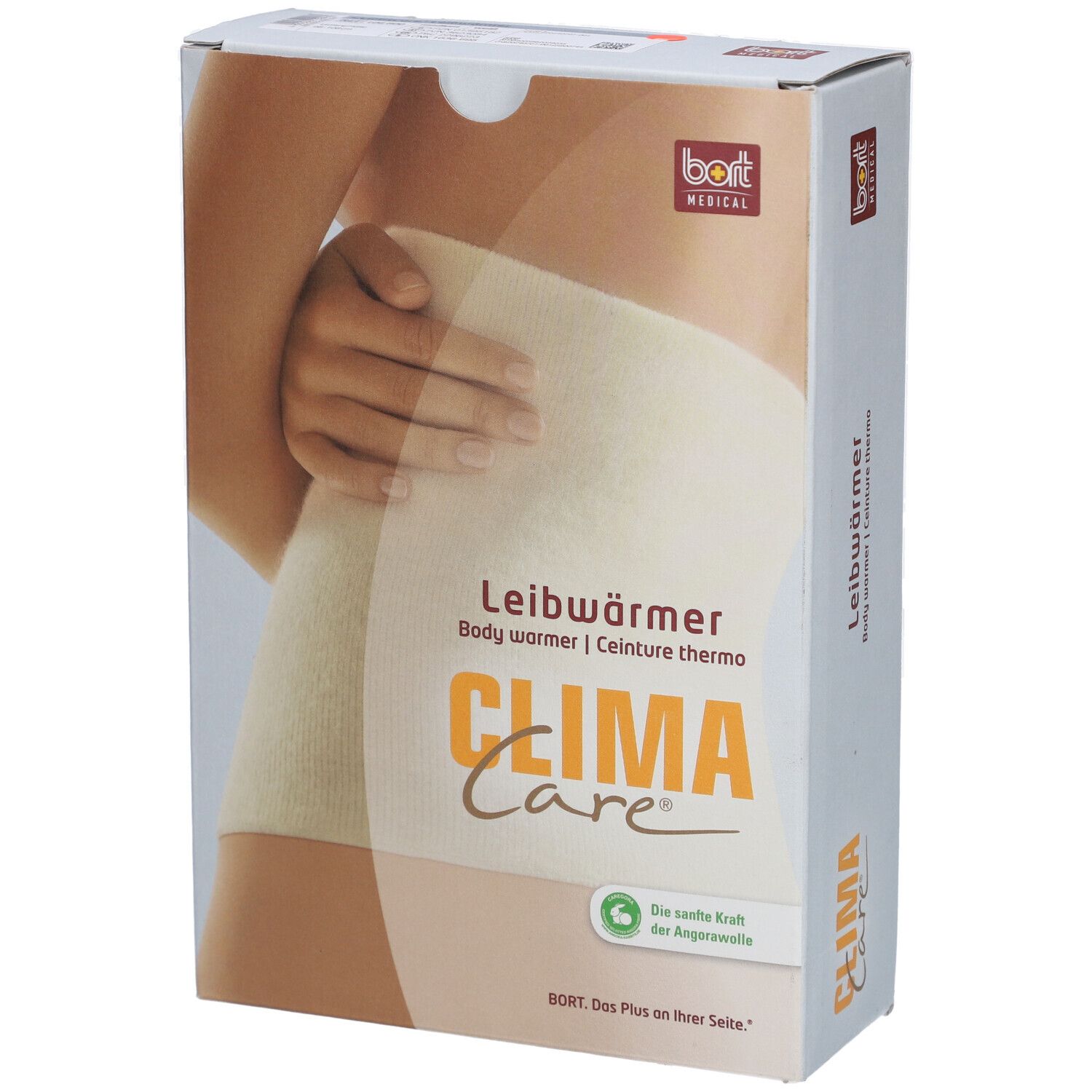 Emballage de la ceinture lombaire CLIMA Care. Image d'une ceinture beige sur un corps. Marque BORT MEDICAL.