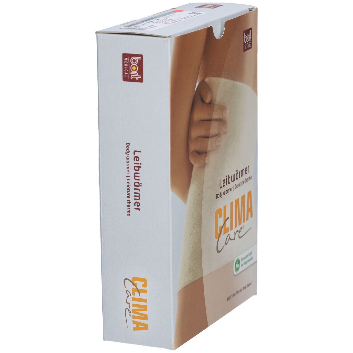 Vue latérale de l'emballage. Ceinture lombaire CLIMA Care. Marque BORT MEDICAL. Image d'une ceinture beige.