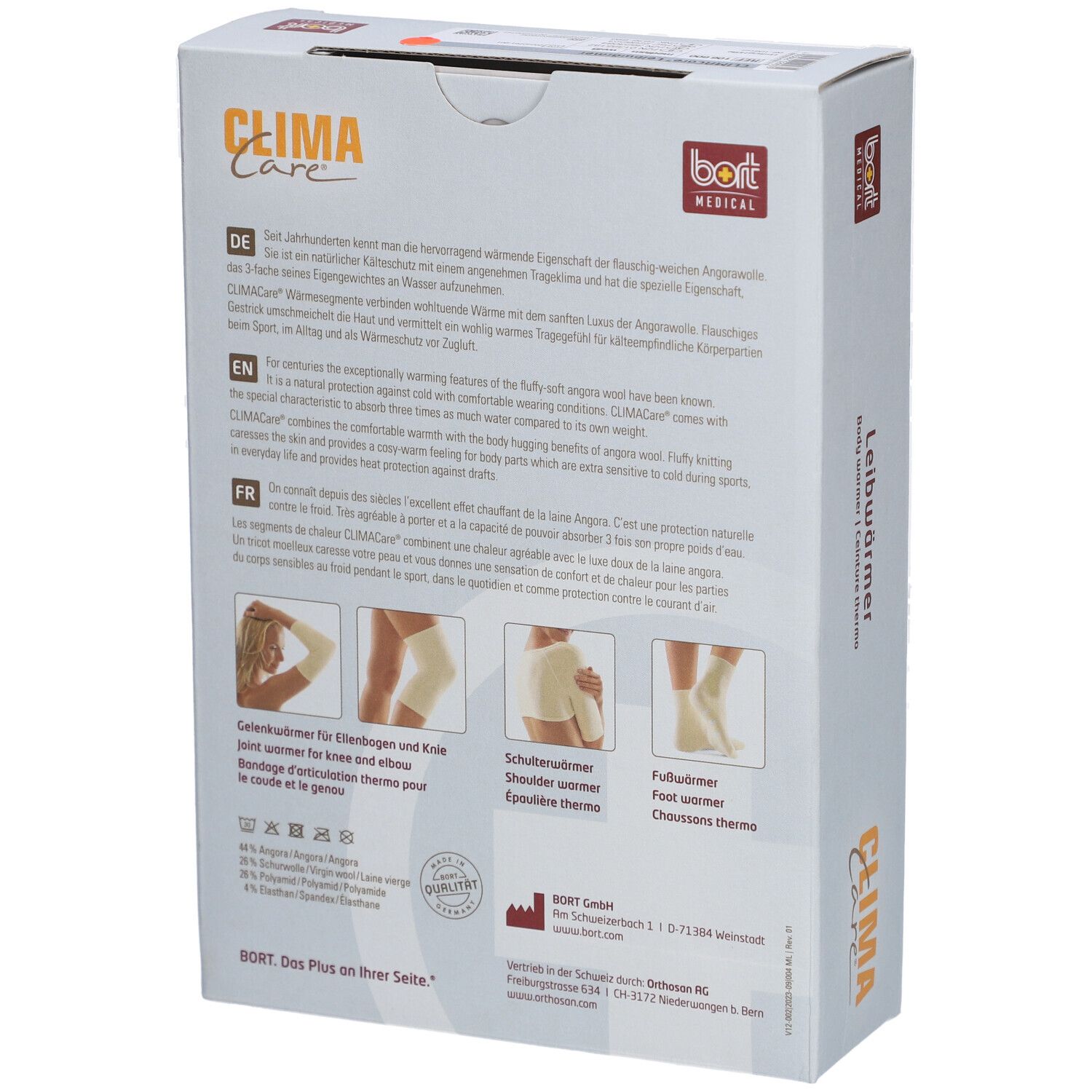 Dos de l'emballage. CLIMA Care. Texte en allemand, anglais et français. Images de produits.