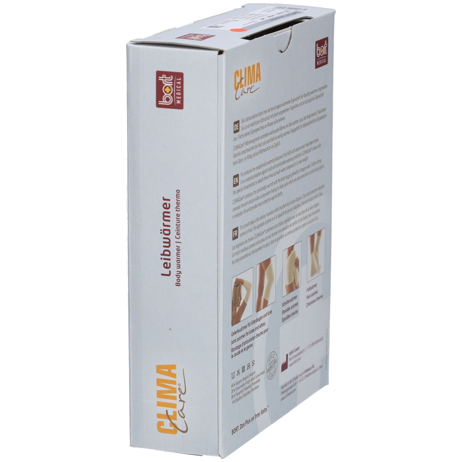 Vue latérale de l'emballage. Ceinture lombaire CLIMA Care. Marque BORT MEDICAL. Texte et images.