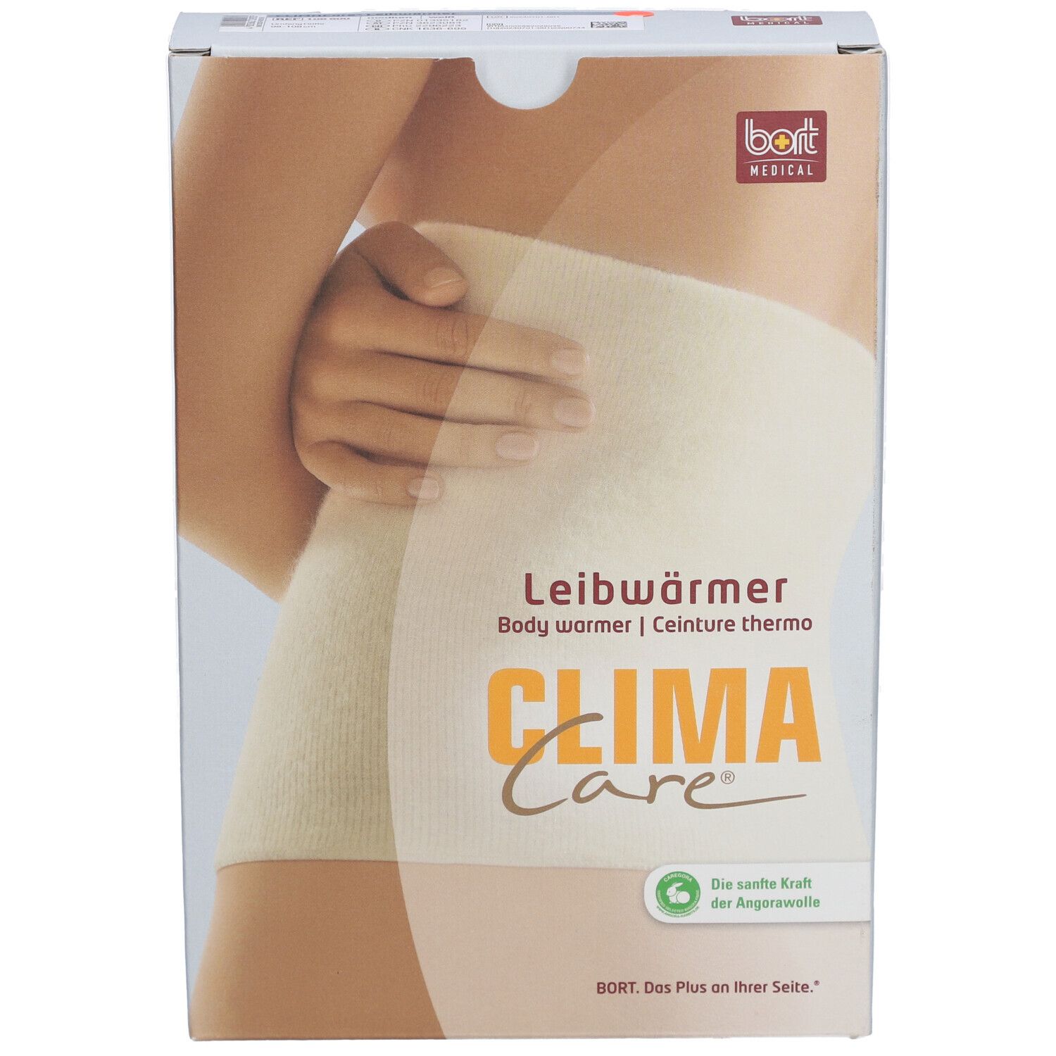 Emballage de la ceinture lombaire CLIMA Care. Image d'une ceinture beige sur un corps. Marque BORT MEDICAL.