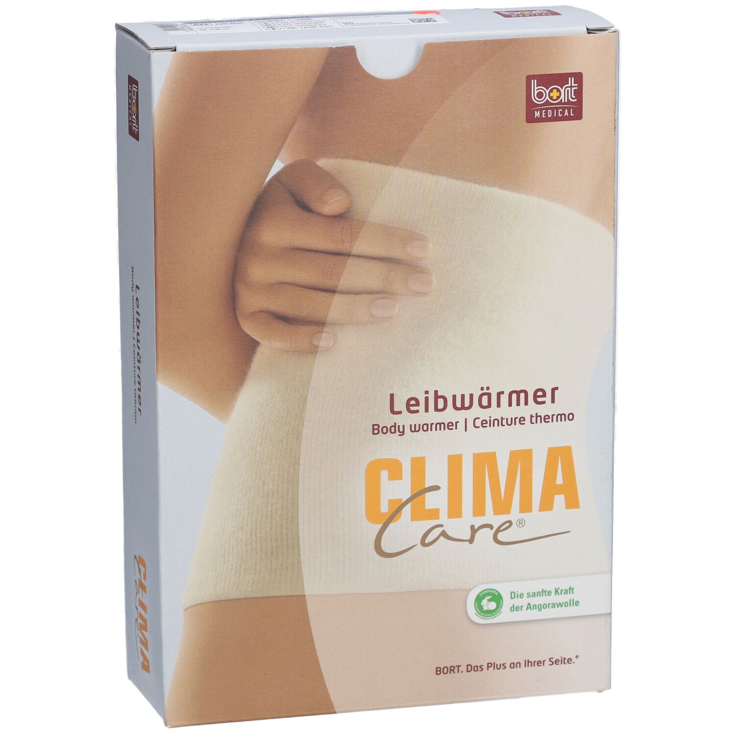 Emballage de la ceinture lombaire CLIMA Care. Image d'une ceinture beige sur un corps. Marque BORT MEDICAL.