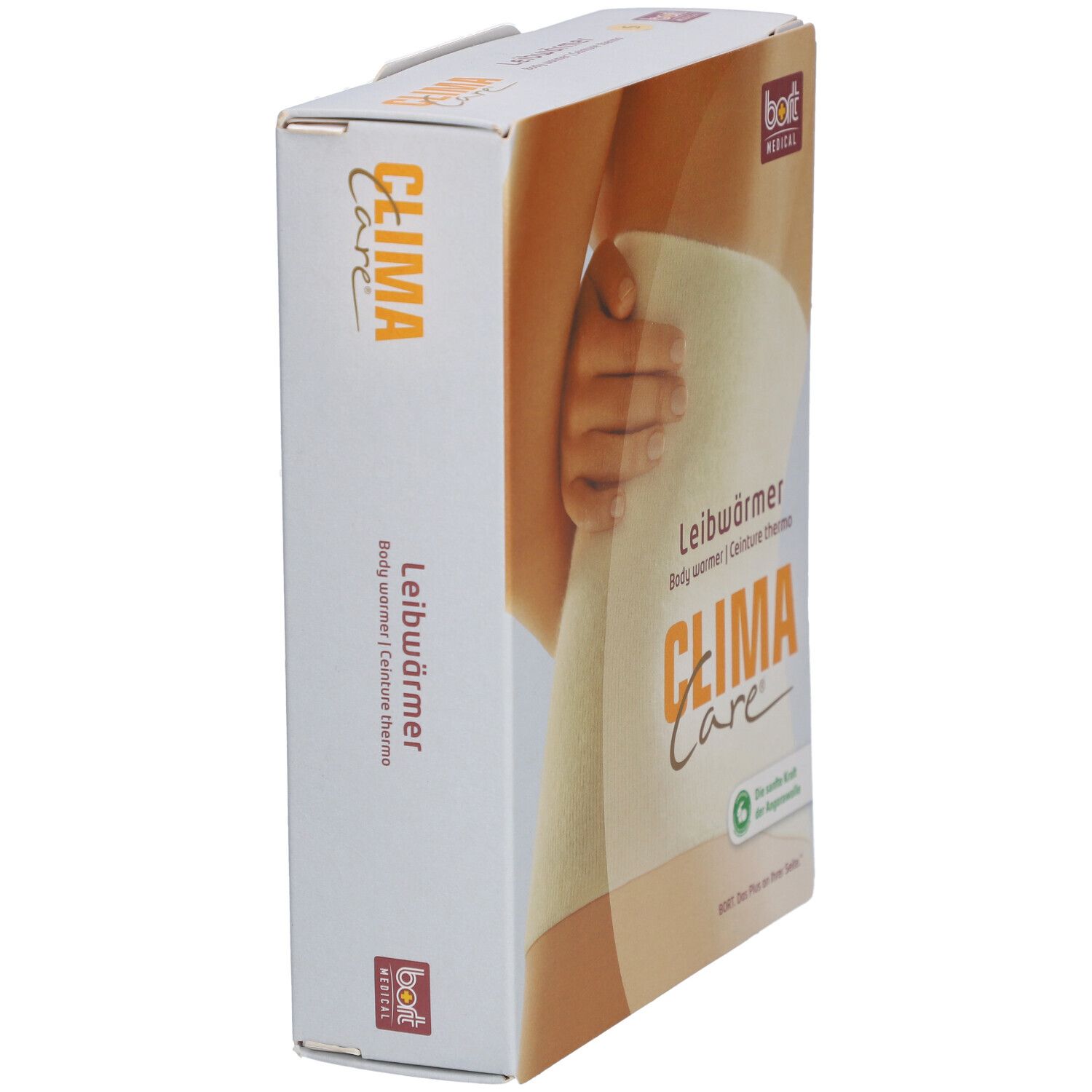 Vue latérale de l'emballage. Inscription: CLIMA Care, Leibwärmer, BORT MEDICAL. Illustration du produit.