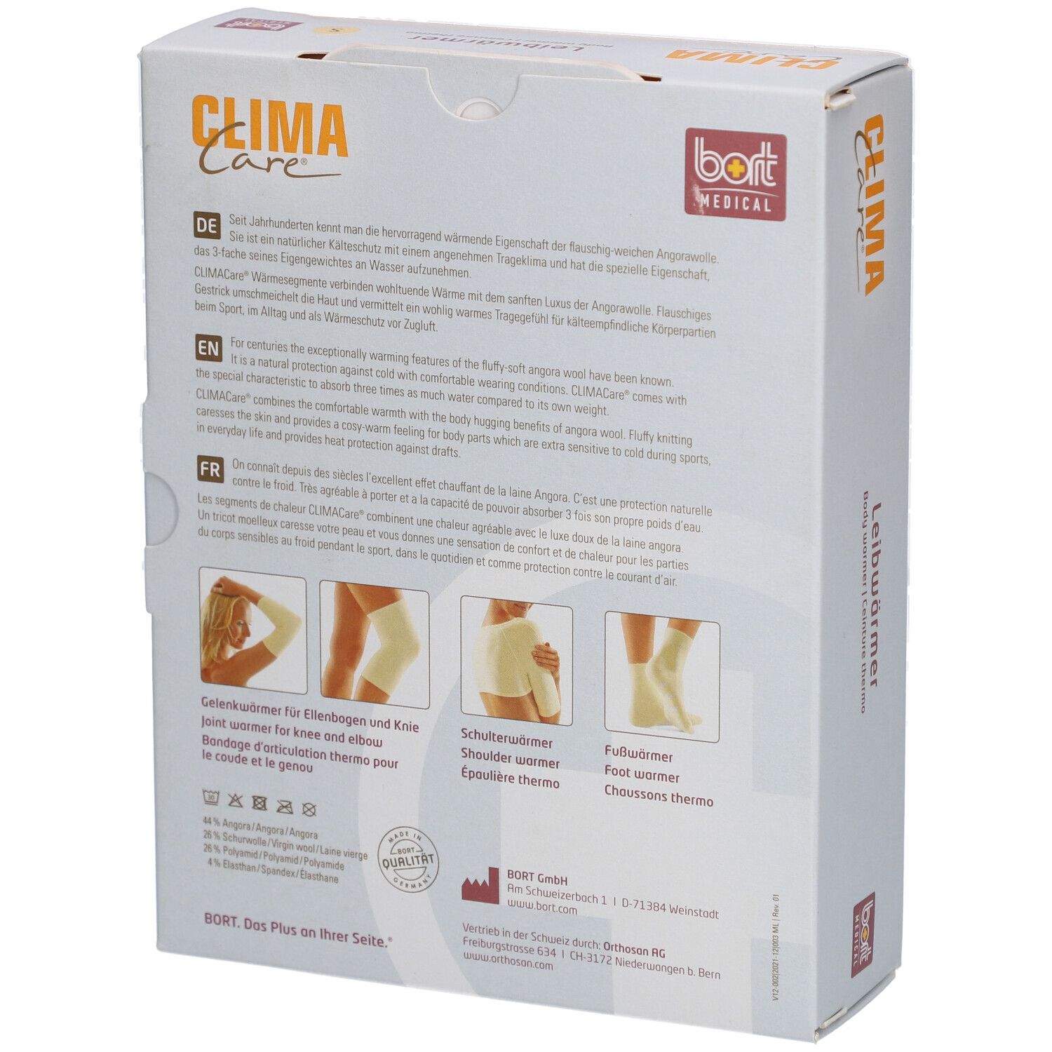 Dos de l'emballage. Texte en allemand, anglais, français. Illustrations de produits. Labels de qualité.