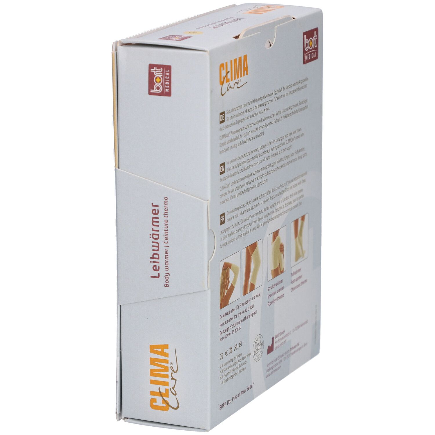 Vue latérale de l'emballage. Inscription: CLIMA Care, Leibwärmer, BORT MEDICAL. Illustrations de produits.