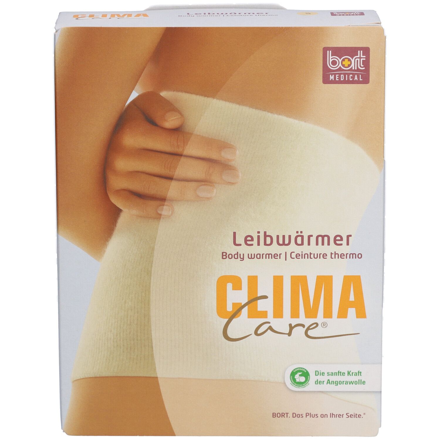 Emballage de Leibwärmer. Inscription: CLIMA Care, BORT MEDICAL. Illustration du produit sur un corps.
