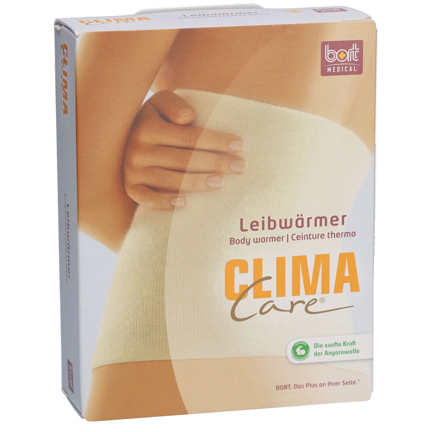 Emballage de Leibwärmer. Inscription: CLIMA Care, BORT MEDICAL. Illustration du produit sur un corps.