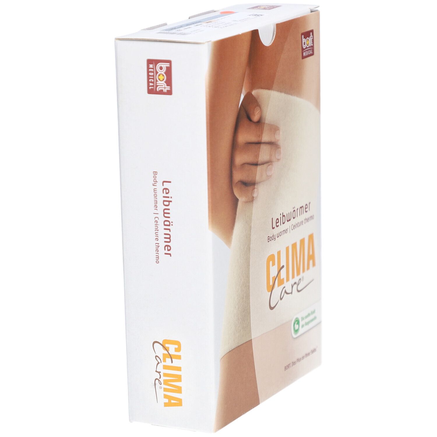 Vue latérale de la boîte Bort CLIMACare®. Image d'un chauffe-corps beige. Inscriptions : CLIMA Care, chauffe-corps, laine angora.