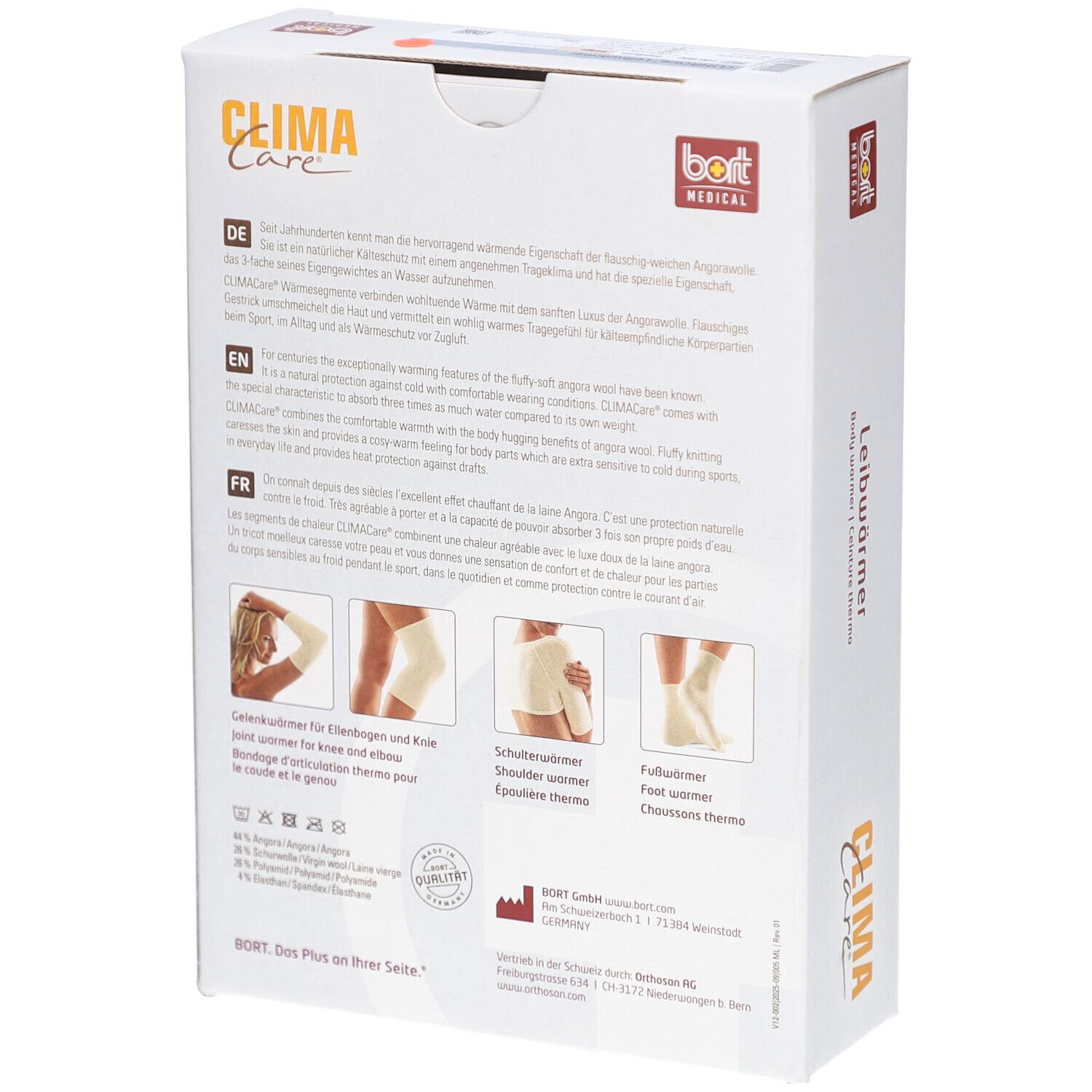 Dos de la boîte Bort CLIMACare®. Images des produits : genou, épaule, chauffe-pieds. Texte en allemand, anglais, français.
