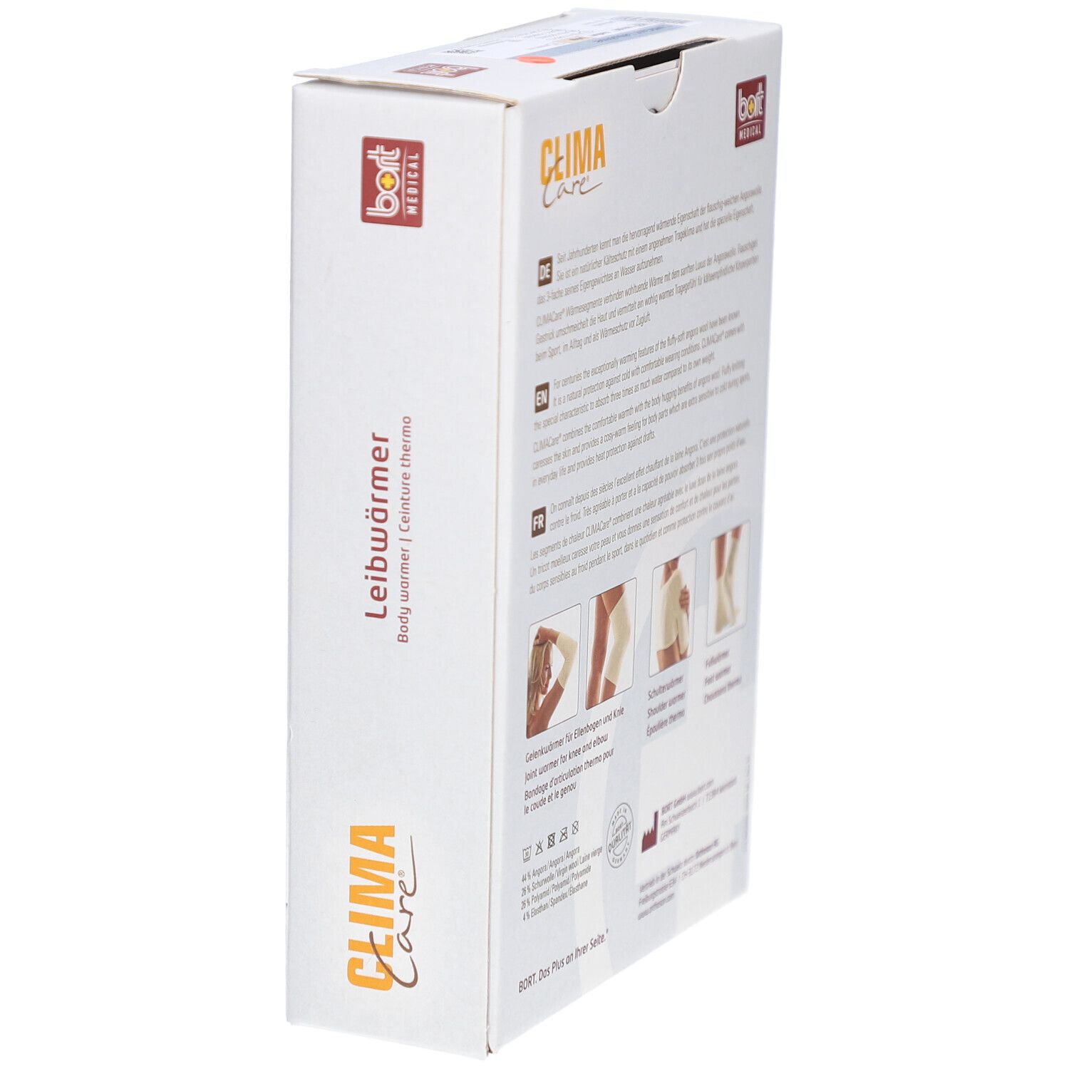 Vue latérale de la boîte Bort CLIMACare®. Images des produits : genou, épaule, chauffe-pieds. Inscriptions : CLIMA Care, chauffe-corps.