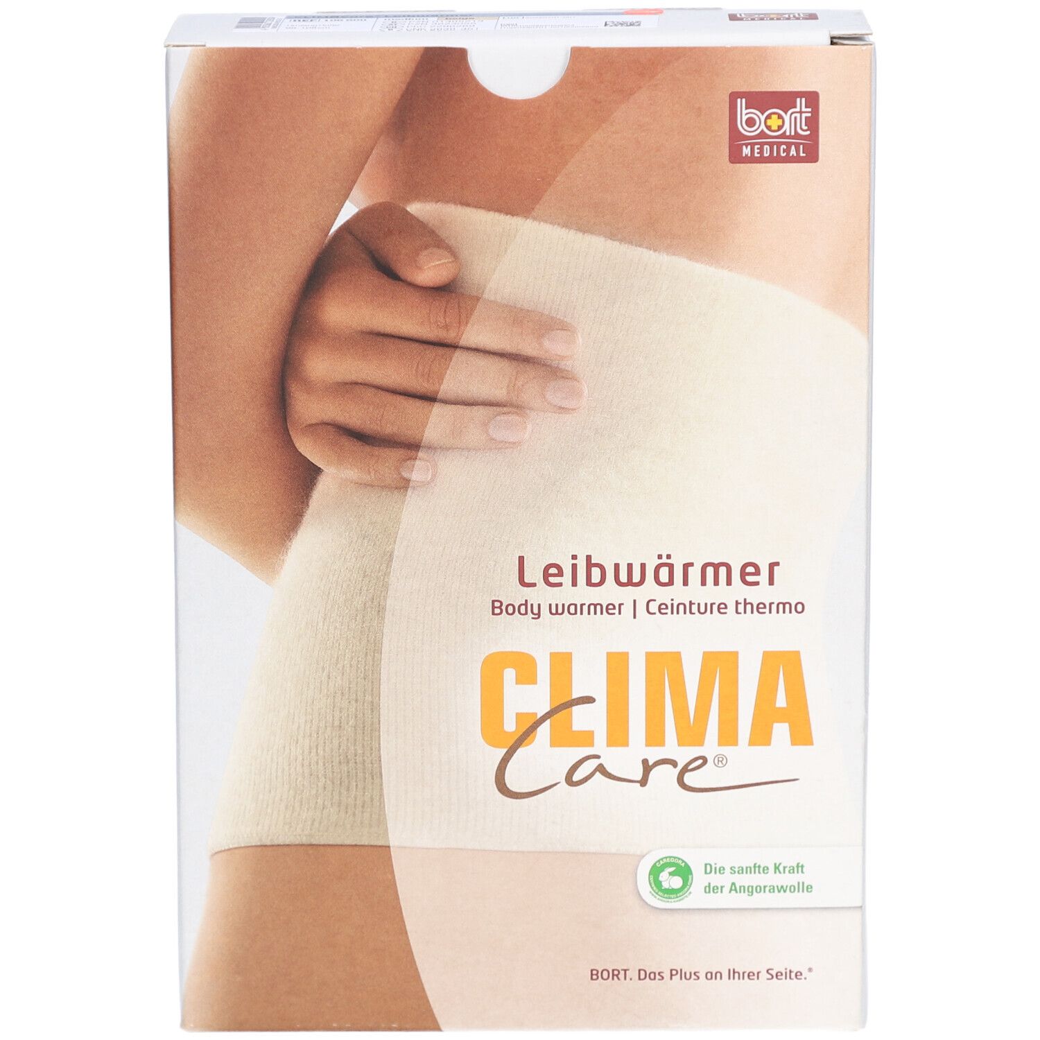 Boîte Bort CLIMACare®. Image d'un chauffe-corps beige. Inscriptions : CLIMA Care, chauffe-corps, laine angora.