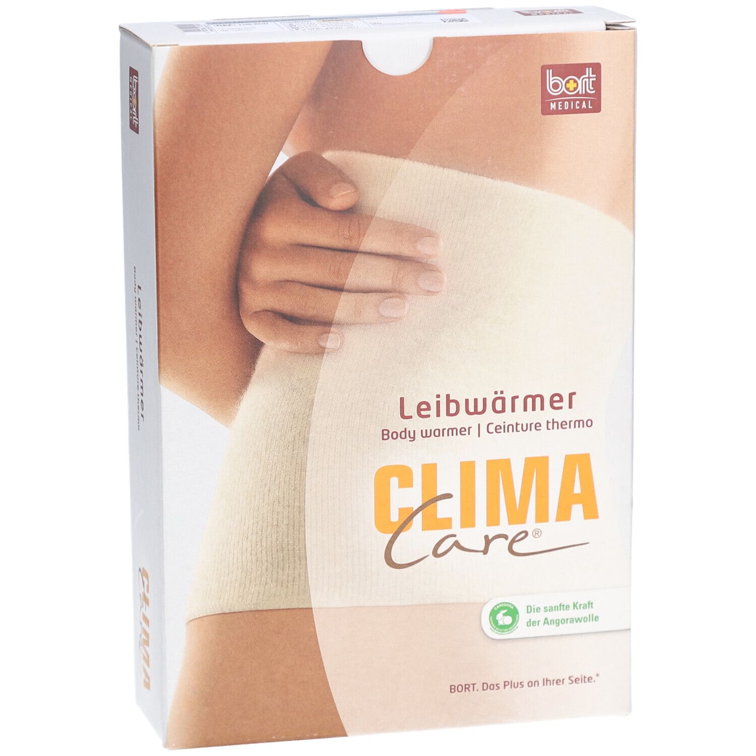 Boîte Bort CLIMACare®. Image d'un chauffe-corps beige. Inscriptions : CLIMA Care, chauffe-corps, laine angora.