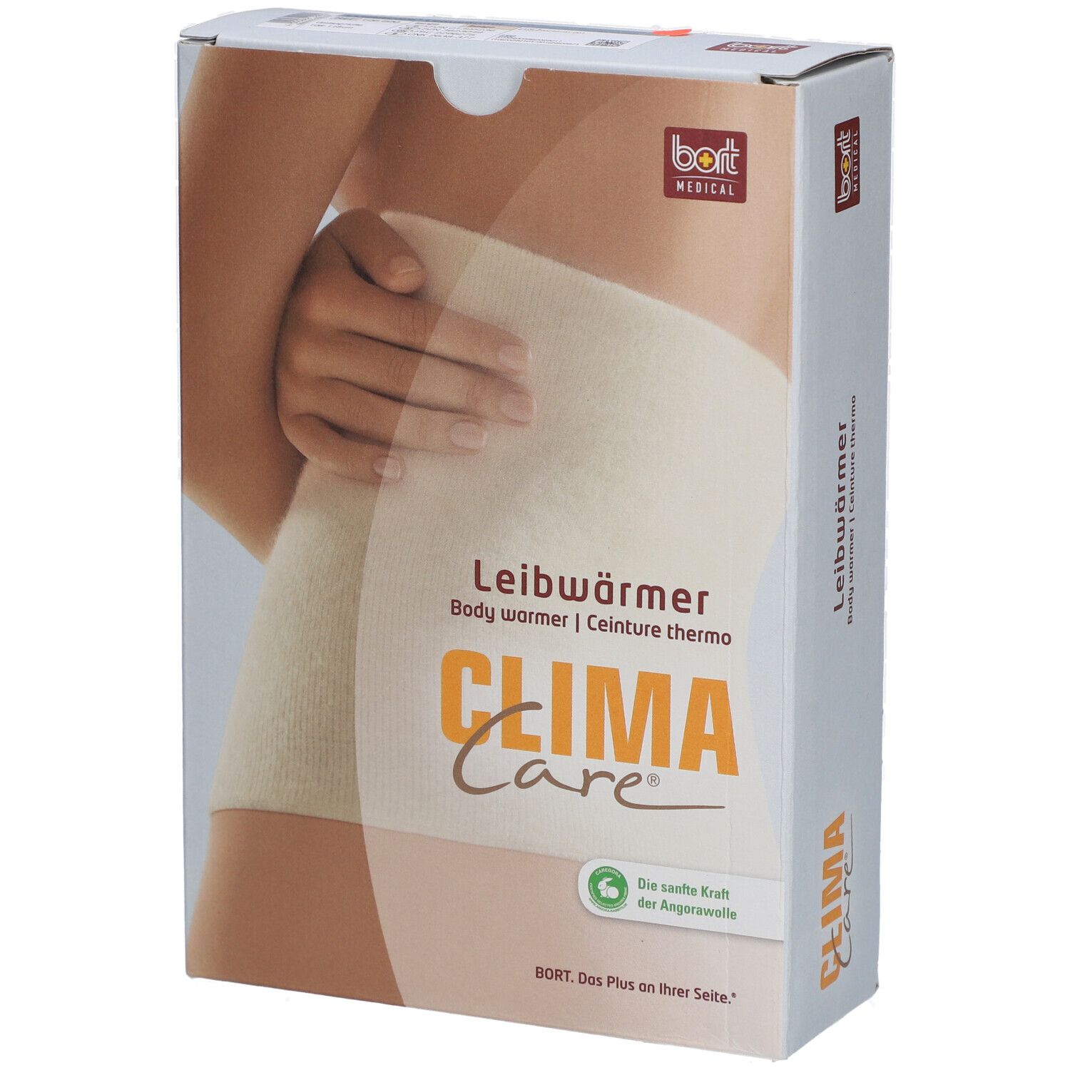 Emballage CLIMACare® Leibwärmer. Image du produit sur un corps. Logo bort MEDICAL. Texte: Leibwärmer, Body warmer, Ceinture thermo.