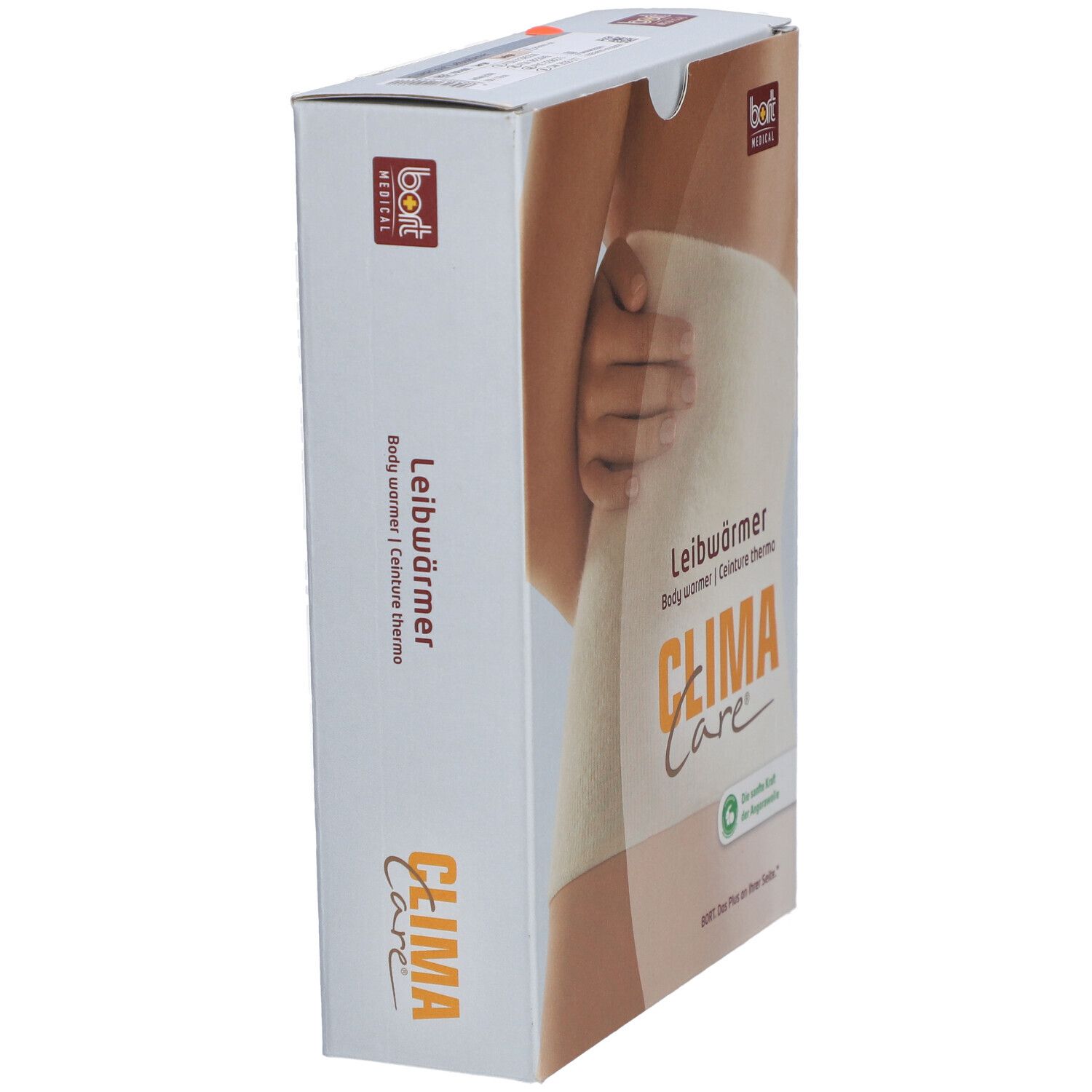 Emballage CLIMACare® Leibwärmer. Vue latérale. Logo bort MEDICAL. Texte: Leibwärmer, Body warmer, Ceinture thermo.