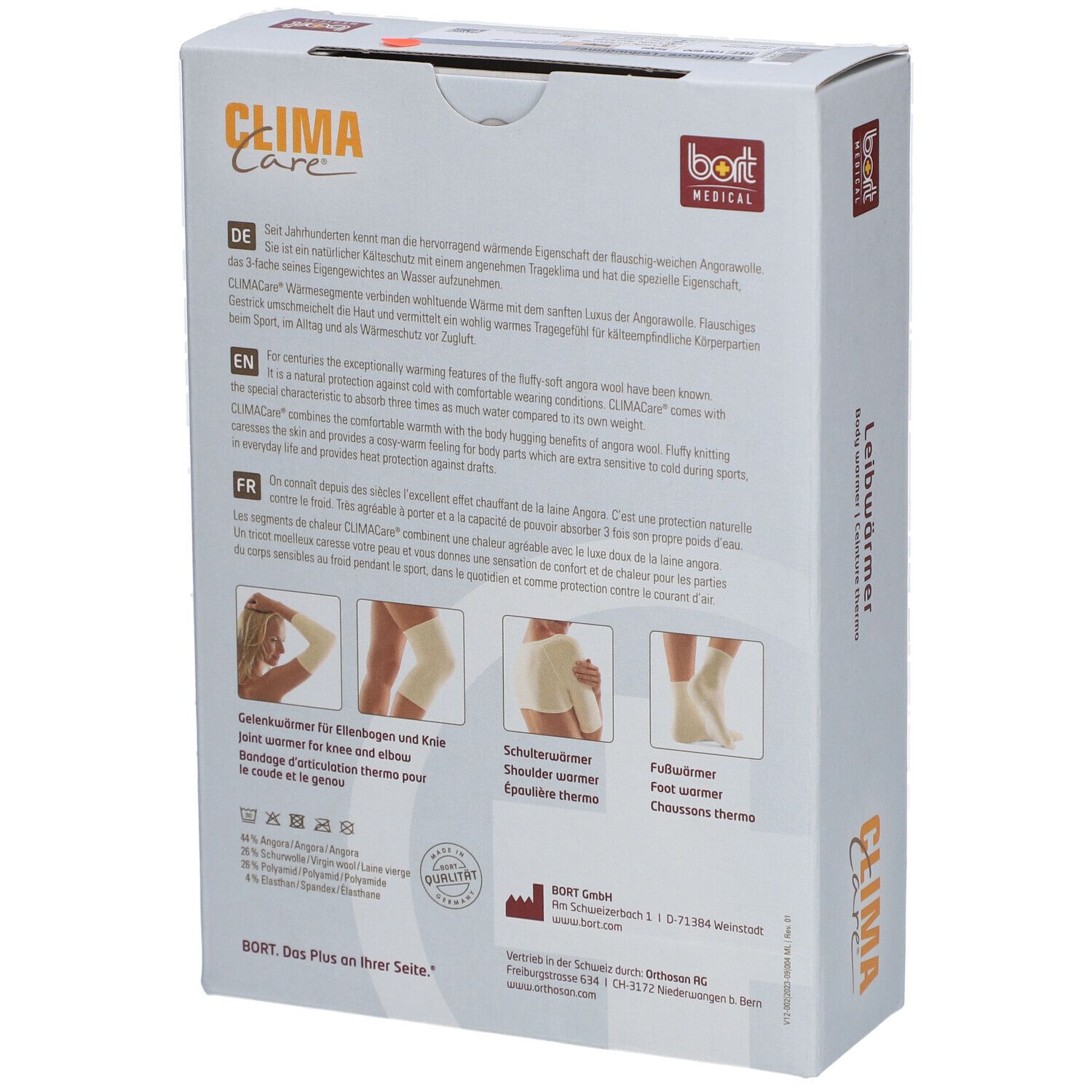 Dos de l'emballage CLIMACare® Leibwärmer. Texte en allemand, anglais, français. Images: genouillères, épaulettes, chauffe-pieds.
