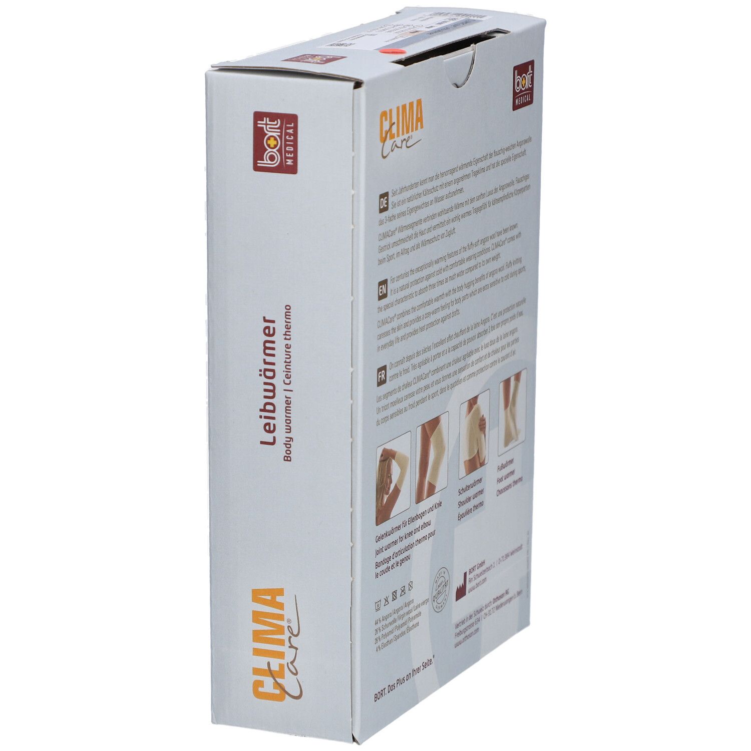 Emballage CLIMACare® Leibwärmer. Vue latérale. Logo bort MEDICAL. Texte: Leibwärmer, Body warmer, Ceinture thermo.
