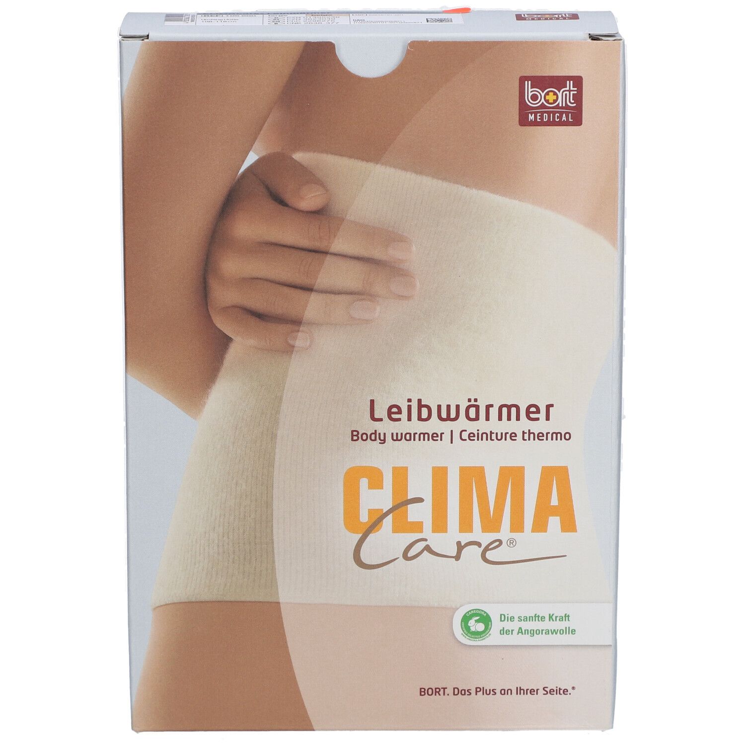 Emballage CLIMACare® Leibwärmer. Image du produit sur un corps. Logo bort MEDICAL. Texte: Leibwärmer, Body warmer, Ceinture thermo.