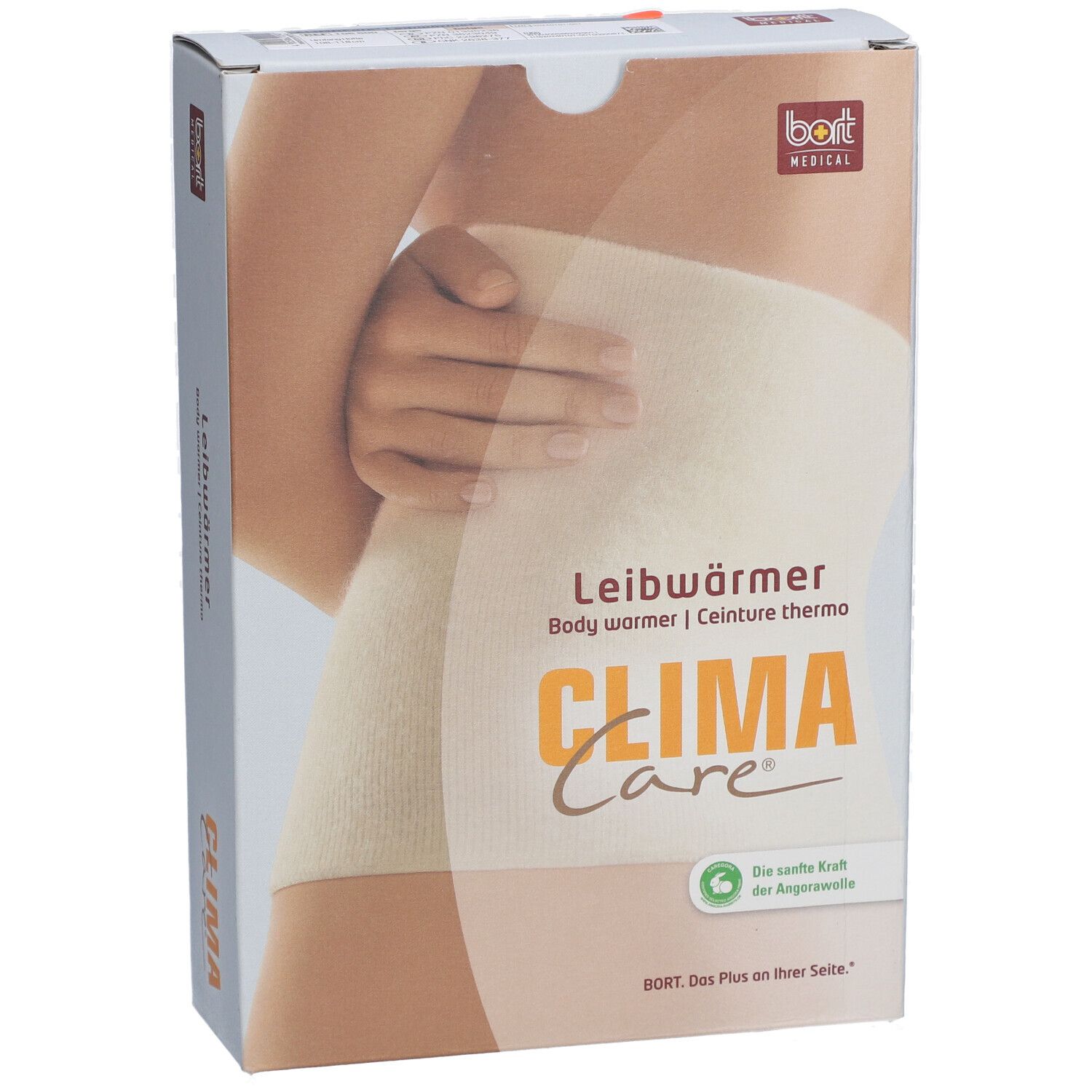 Emballage CLIMACare® Leibwärmer. Image du produit sur un corps. Logo bort MEDICAL. Texte: Leibwärmer, Body warmer, Ceinture thermo.