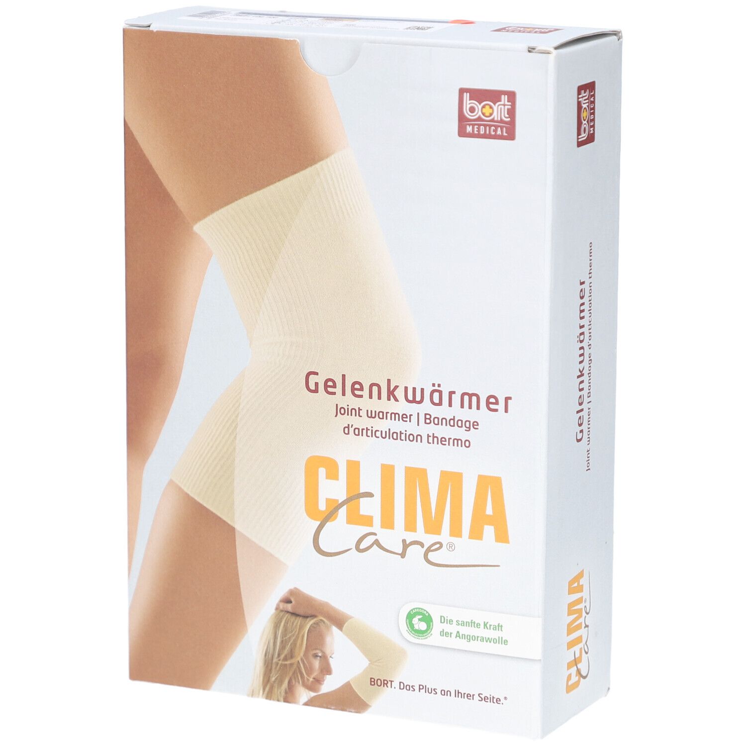Emballage de CLIMA Care Gelenkwärmer. Texte: Gelenkwärmer, bort MEDICAL. Image d'un genou avec bandage.