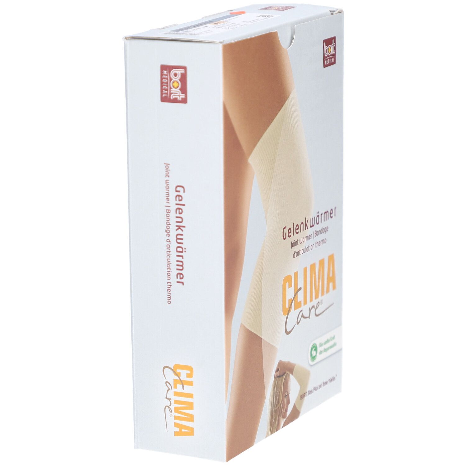 Vue latérale de l'emballage CLIMA Care Gelenkwärmer. Texte: Gelenkwärmer, bort MEDICAL, CLIMA Care. Image d'un genou.