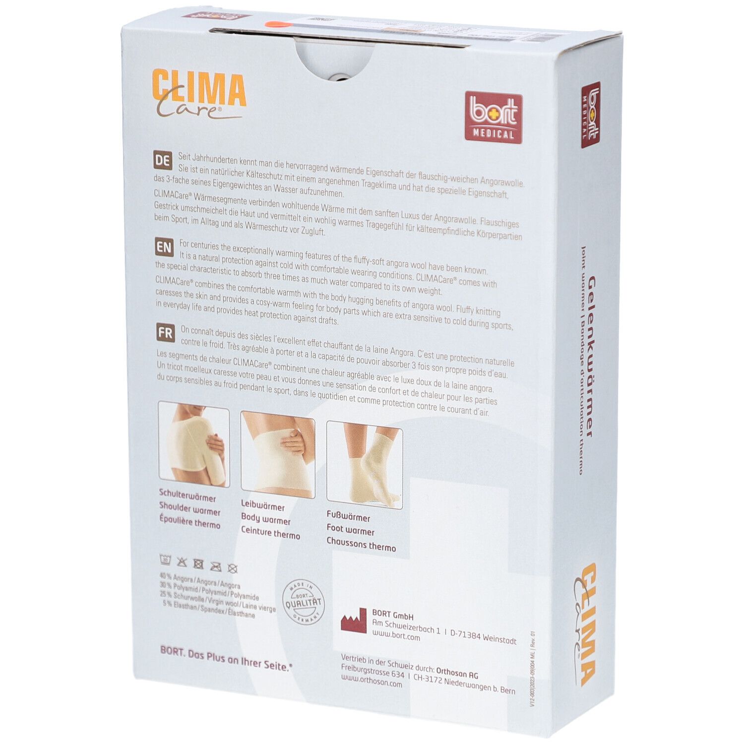 Dos de l'emballage CLIMA Care Gelenkwärmer. Texte et images de produits et ingrédients. Logo bort MEDICAL.
