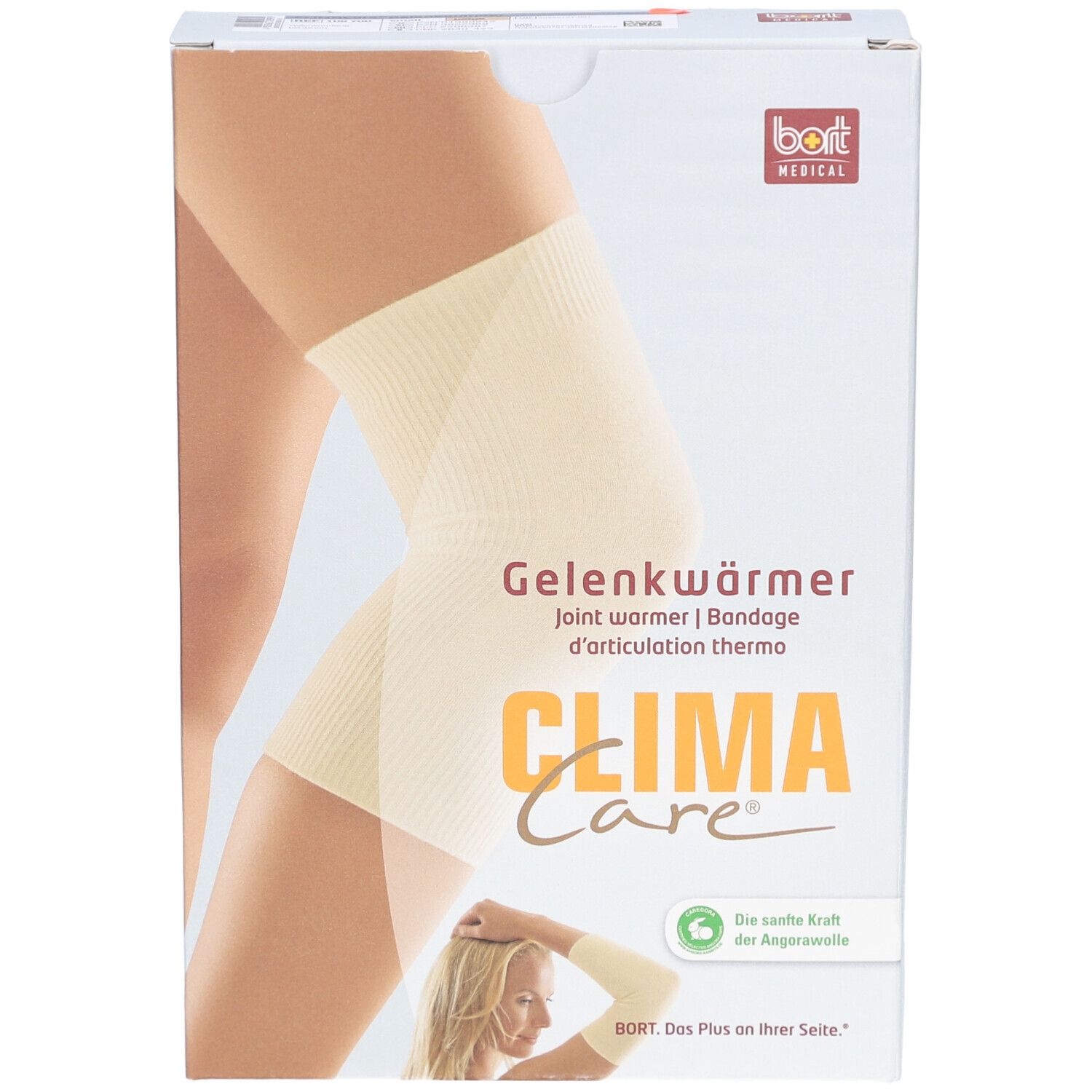 Emballage de CLIMA Care Gelenkwärmer. Texte: Gelenkwärmer, bort MEDICAL. Image d'un genou avec bandage.