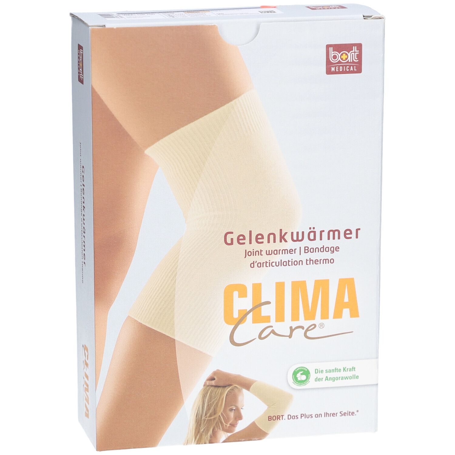 Emballage de CLIMA Care Gelenkwärmer. Texte: Gelenkwärmer, bort MEDICAL. Image d'un genou avec bandage.