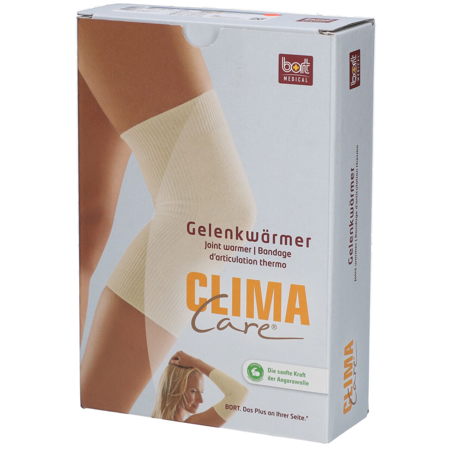 Emballage de Gelenkwärmer. Inscription : Gelenkwärmer, CLIMA Care, BORT MEDICAL. Illustration : jambe avec bandage.
